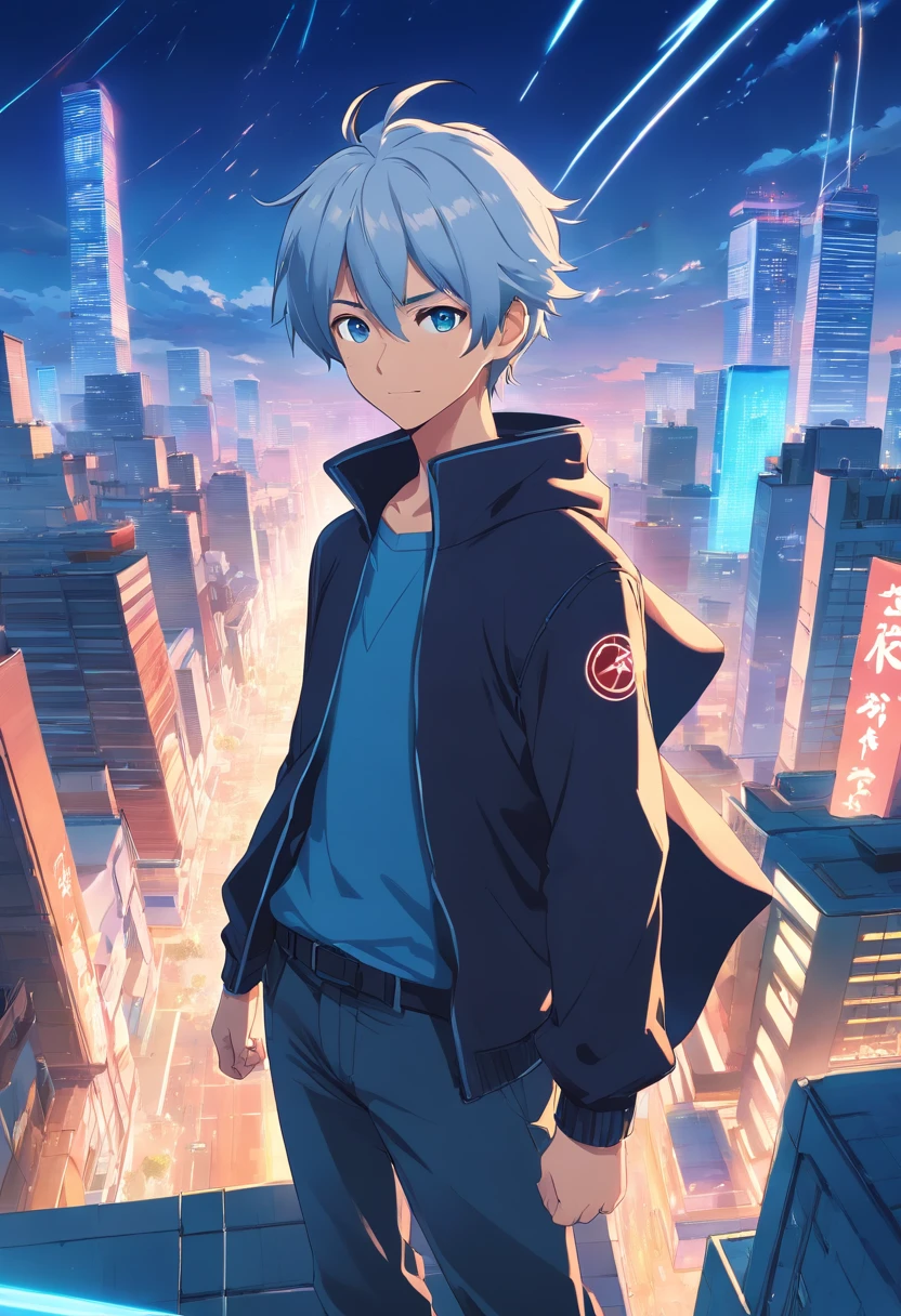 An anime man, Dressed in black modern Shinobi style, White hair messy in the wind, blue eyes, standing on top of a building smiling, dazzling blue light, Sparks of blue light circled the body, dynamic light effects, The energy in the body is overflowing, impressive aura, City background, midnight, full of building light,