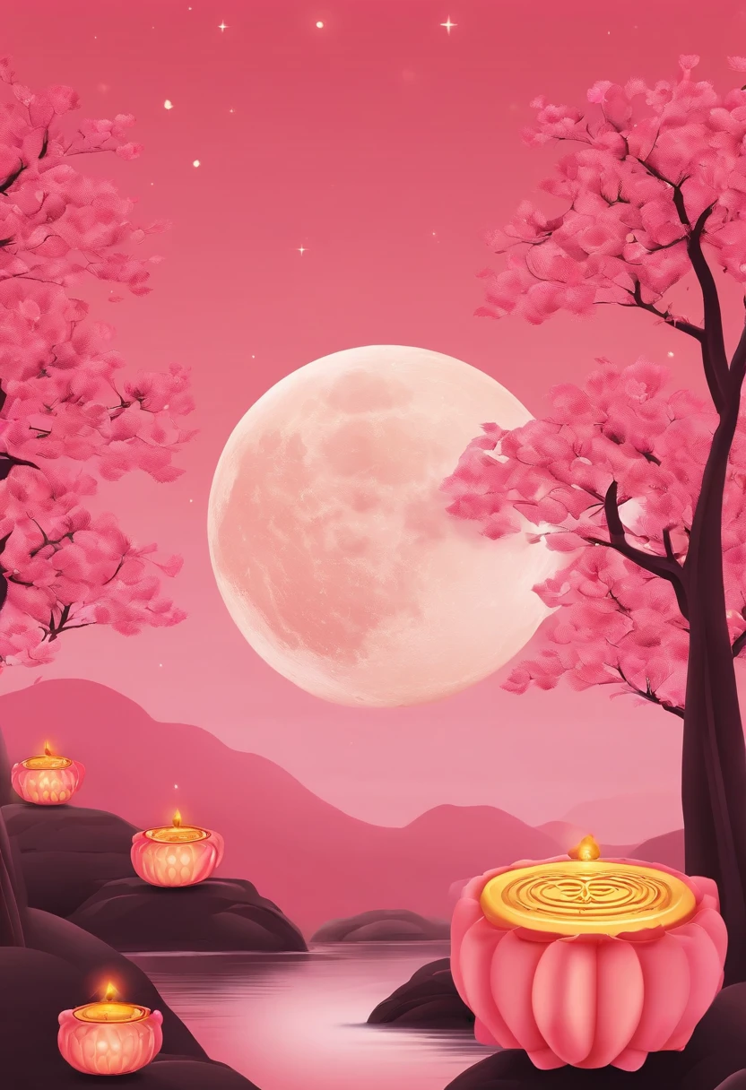 Moon，Moon icon，Two-dimensional style，Mid-Autumn Festival，Moon cake，Gift ribbons，Pink light bar,No Man，No Man