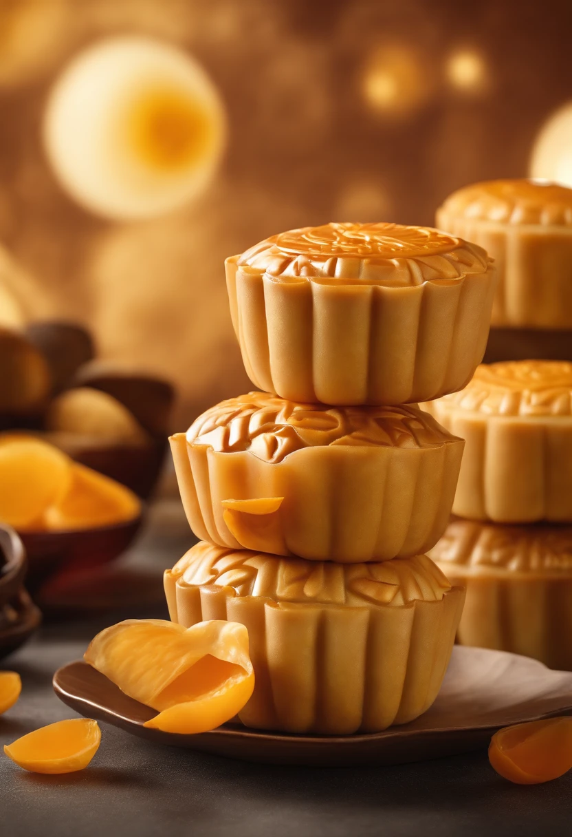 Commercial shooting, Cantonese egg yolk mooncakes, Mooncake size, poster for, Fresh style background, elegant, Booth lighting, Attractive, photorealistic colors, Ultra HD