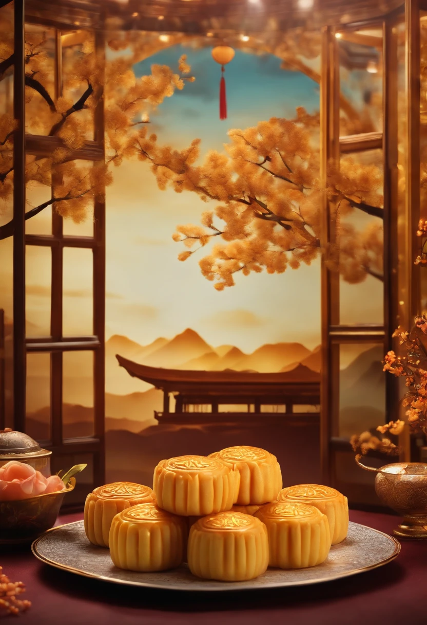 Commercial shooting, Cantonese egg yolk mooncakes, Mooncake size, poster for, Fresh style background, elegant, Booth lighting, Attractive, photorealistic colors, Ultra HD