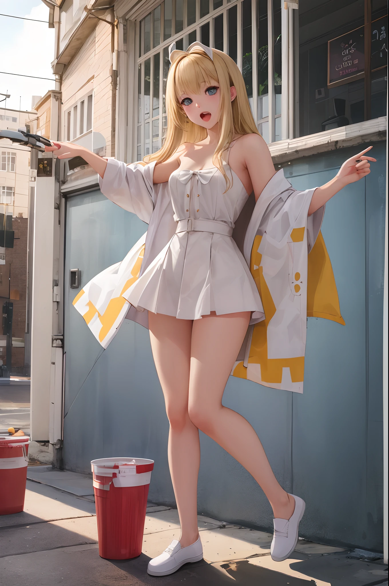 best quality, ultra high res, 1girl, sleeveless blue button shirt, black skirt, black choker, cute, (Kpop idol), (aegyo sal:1), (golden blonde hair:1), ((puffy eyes)), looking at viewer, full body, facing front, glow skin, smile, thick ass