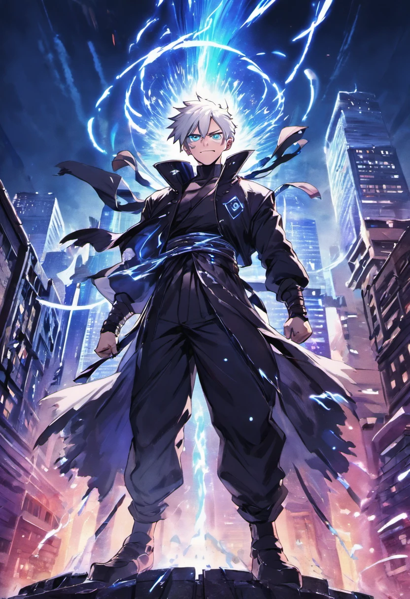 An anime man, Dressed in black modern Shinobi style, White hair messy in the wind, blue eyes, standing on top of a building smiling, dazzling blue light, Sparks of blue light circled the body, dynamic light effects, The energy in the body is overflowing, impressive aura, City background, midnight, full of building light,