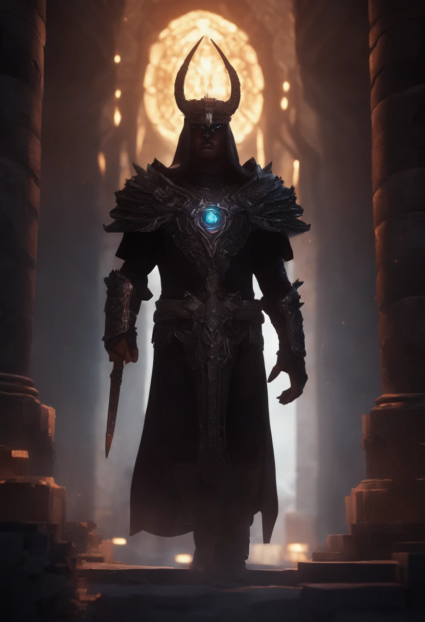whole body character,dark god,obsidian crown,minecraft inspired,detailed eyes,detailed lips,high quality,ultra-detailed,realistic,concept art,shadowy atmosphere,vivid colors,intense lighting,laser beams,divinity