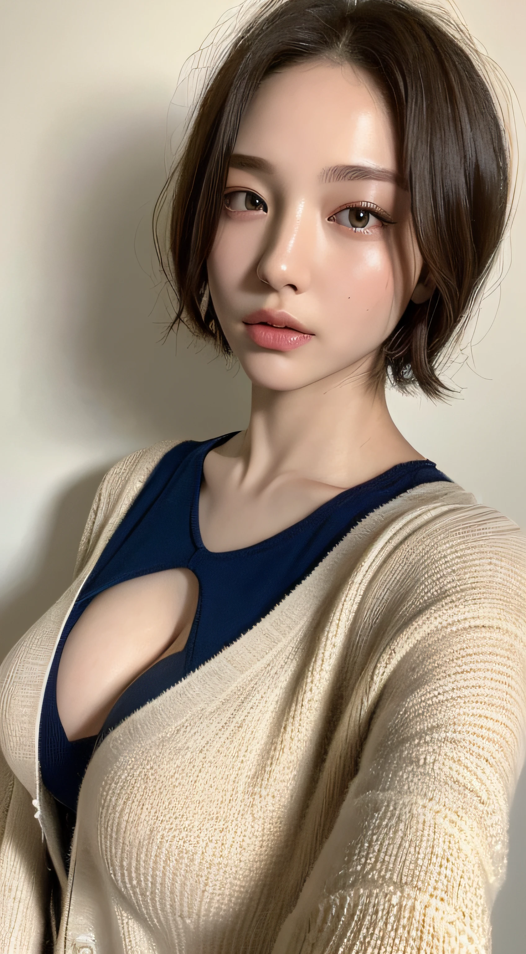 ((Best quality, 8k, Masterpiece :1.3)), 1girl, Pretty woman with slender abs :1.3, (Medium-short hair, Huge breasts :1.2), Cardigan :1.1, Ultra-detailed face, Detailed eyes, Double eyelid