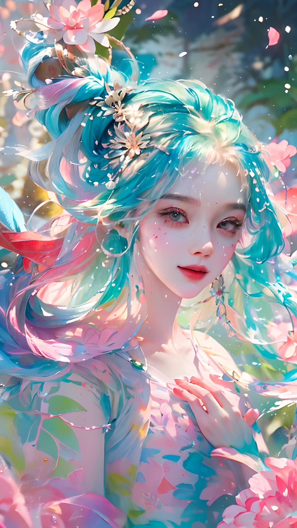 (Masterpiece, Best quality, high resolution), Lotus background, ((paint splatter, colored splashing, Splash of Ink, colored splashing)), ((Sweet Chinese girl, Rainbow hair)), Pink lips, Front, Mechanical whole body,Lotus in the background, Lotus flowers in the water,ssmile，PureErosFace_V1，Urzang-6500-V1 version.1，