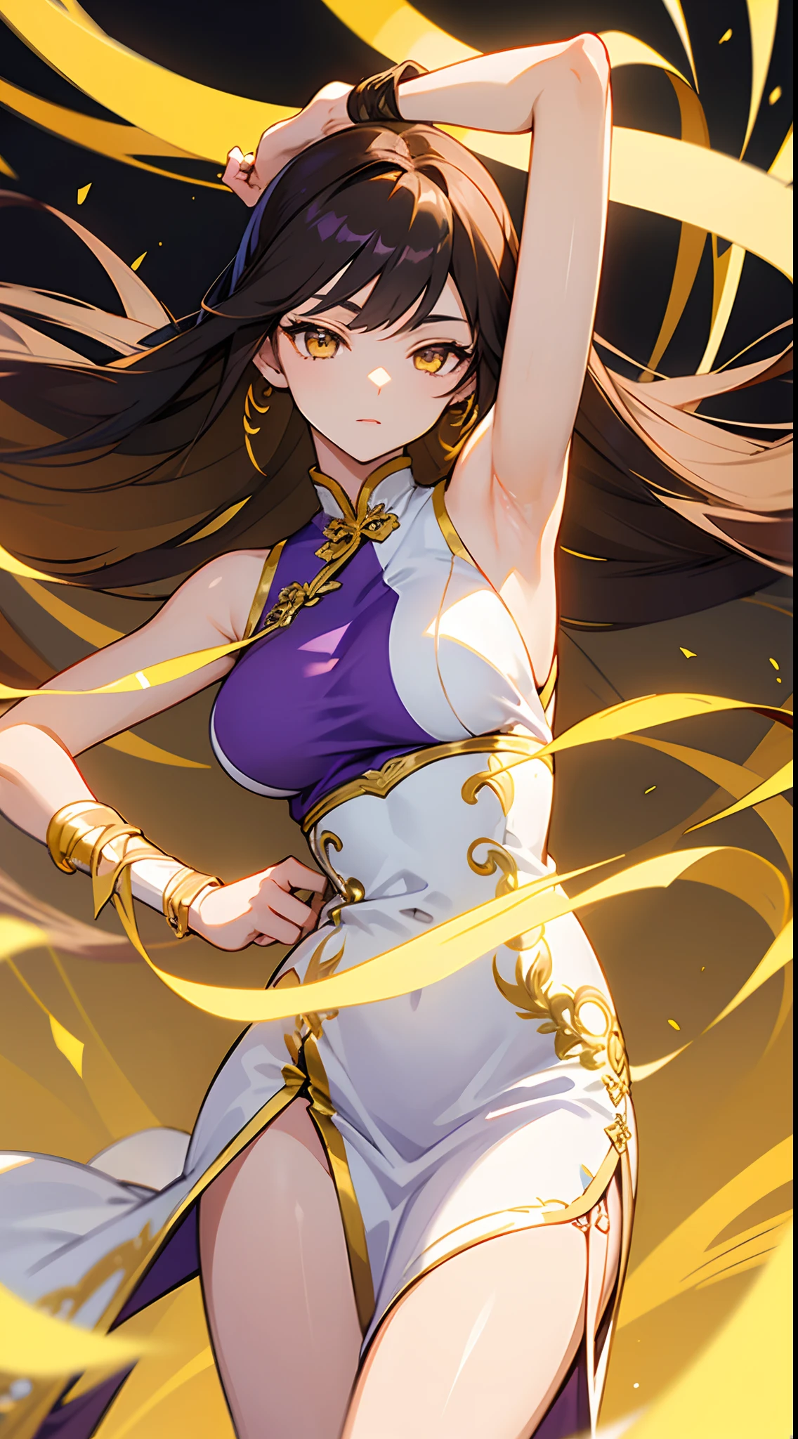 Beautiful woman , very long hair , dark brown hair , gold eyes , lean body , yellow under hair , age 26
Wearing a white dress, purple and gold trim , black straps, sleeveless , long white arm bands , modern Qipao, Sexy , light purple accessories ,