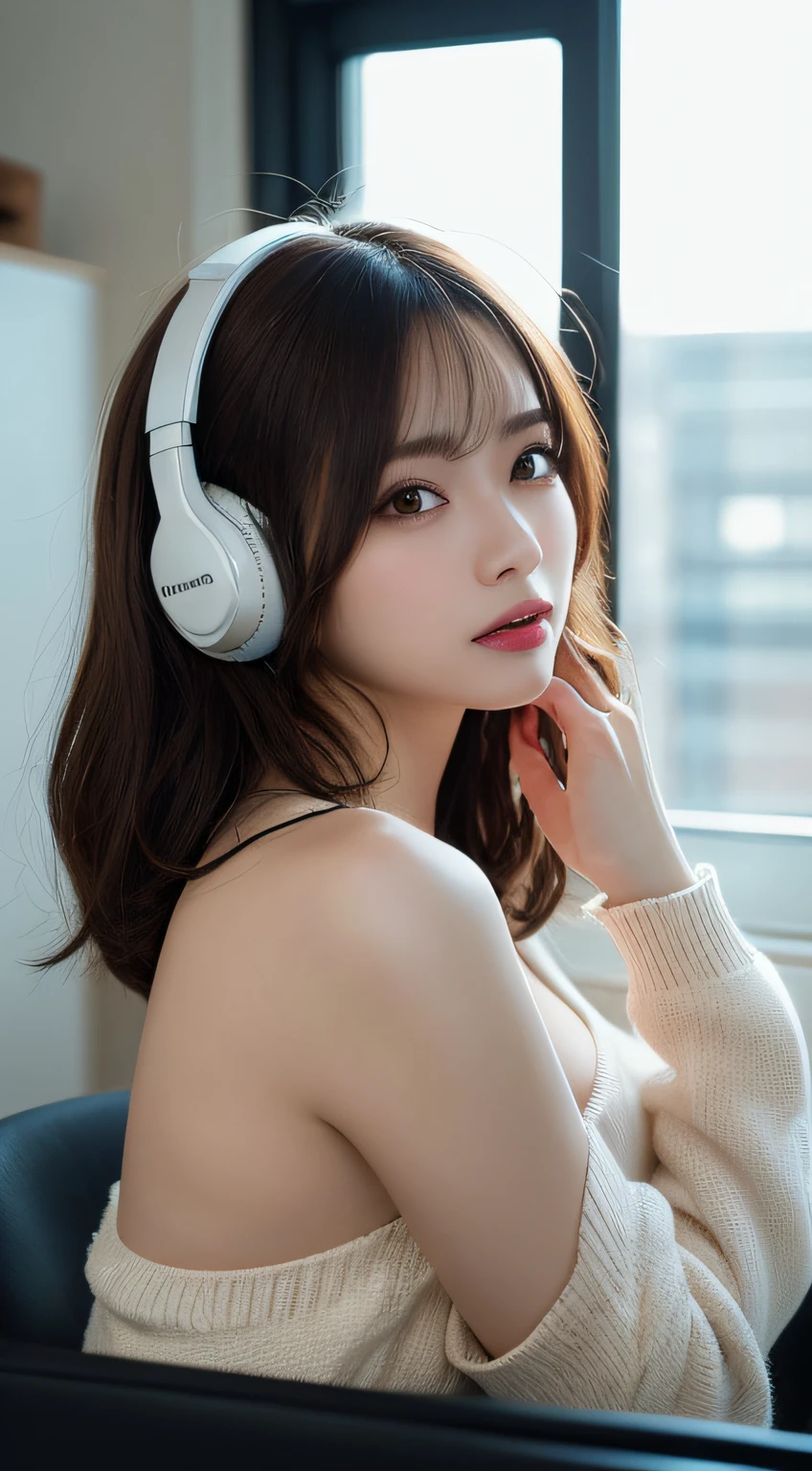 masterpiece, Best Quality, Illustration, Ultra-detailed, finely detailed, highest resolution, 8K Wallpaper, Perfect dynamic composition, Beautiful detailed eyes,  Natural Lip, pajamas outfit, playing video game on computer, cleavage, Full body, sexy pose, laying down, laying sideway, in front of desk, wearing headphones,  outfocus background, camera angle from the back