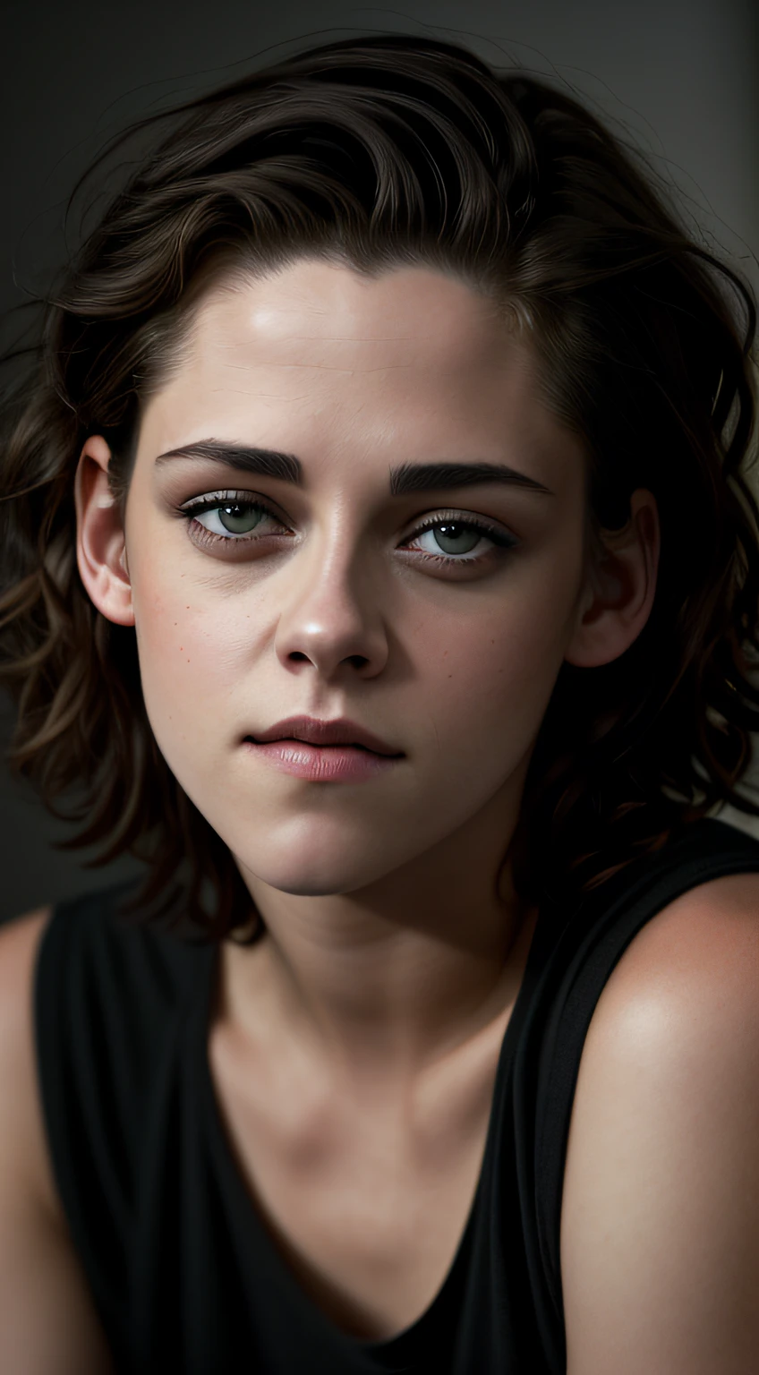 Kristen Stewart, (short curls hair like boy), atmospheric lights, god rays, perfect female face, ultradetailed, with black stripes, detailed skin, ultra realistic, bokeh, sharp features, best quality, ultra high res, detailed face, realistic face, full body, raw photo, shallow depth of field, hdr, 8k, cinematic, ultradetaled eyes, ultra realism, hyper realism soft light,