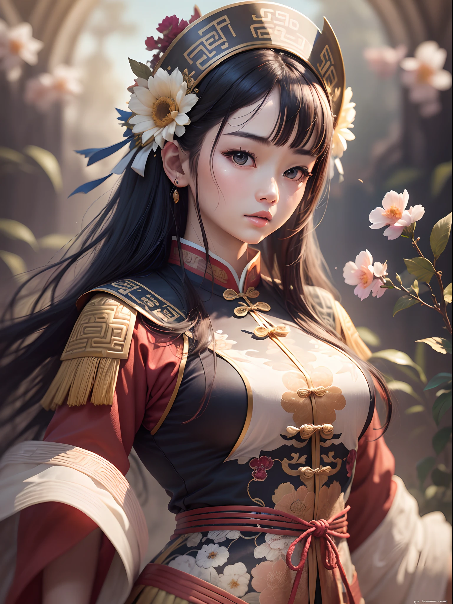 a close up of a woman with a red dress on, Guviz-style artwork, Palace ， A girl in Hanfu, wlop and ross thran, Inspired by Lan Ying,8K high quality detailed art, a beautiful fantasy empress, Inspired by Li Tang, inspired by Ju Lian,Chinese retro style,Lin Daiyu,offcial art，Unity 8k壁纸，ultra - detailed，aestheticly pleasing，big breasts beautiful，tmasterpiece，best qualtiy， mistic， romanticism lain， An air of terror， Literary， Artistically， Fashionab， Tang Dynasty era， decor， iintricate， Embroidery，Green Hanfu，Green tulle，1girll，Bigchest，Black color hair，A sense of fatalism，Bust composition，Dramatic composition，电影灯光，dynamic viewing angle，Raised sexy，bare shoulders​，Bare with thighs，full of seduction，Deep in the bamboo forest，In the bamboo forest，Bamboo leaves fall，Small safflower，bamboo forest background，The clouds are thick，Dramatic composition，Beautiful woman in navy blue costume，Long flowing hair and delicate facial features，It exudes purity, Noble and confident temperament。Armed with the general's sword and elaborate clothes, He showed the Chinese style,dynamic viewing angle，Chinese retro style,Lin Daiyu's hair fluttered,Detailed simulation of facial features,Highly restored HD real people