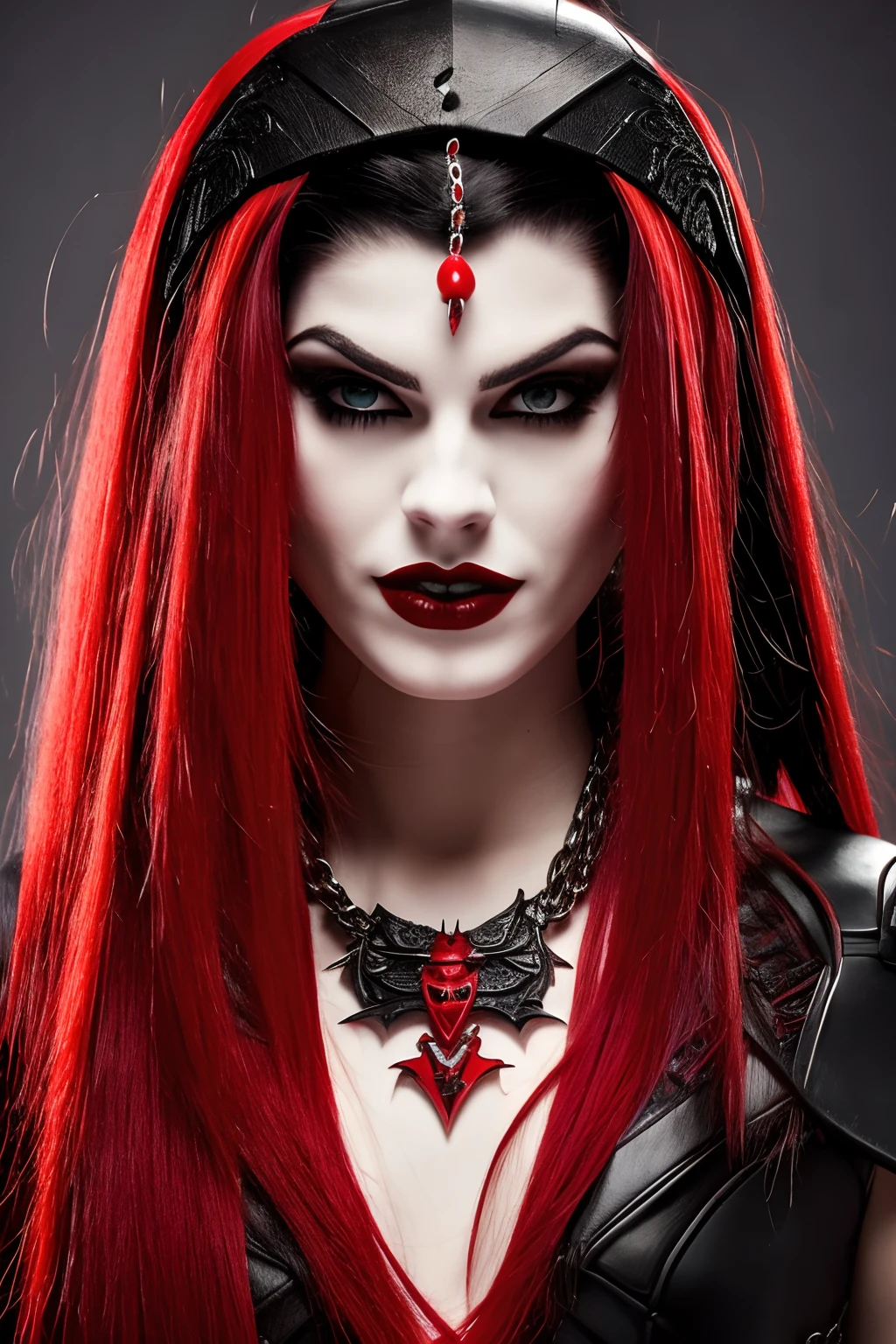 Mujer vampira, athletic pale skin, (fondo negro y rojo), Pelo largo y blanco con mechas rojas, cuerpo completo, wears a bat pendant, teaches the fangs
