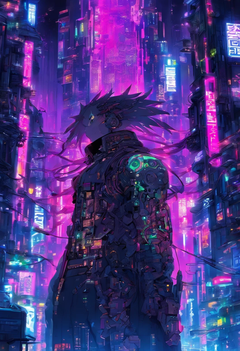 A person with mechanized body parts in the cyberpunk style stands out. His transparent skin reveals circuits and cables, while his eyes glow with colored LEDs. The limbs are a mixture of flesh and metal, with advanced prosthetics and cybernetic interfaces. Wearing a black leather jacket, the figure is set in a dystopian urban setting with decaying skyscrapers. The image represents the fusion between the human and the mechanical in the futuristic world of cyberpunk