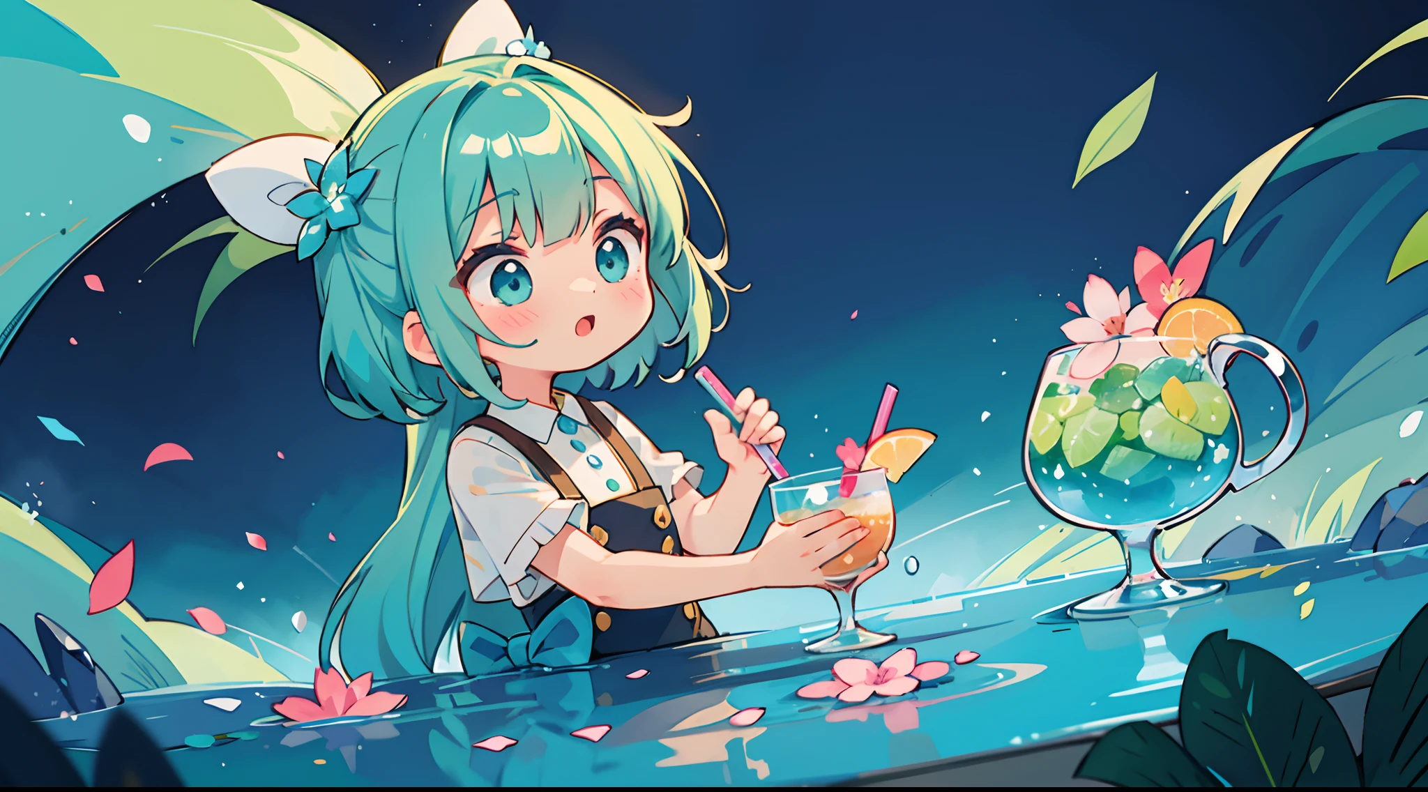 A kawaii girl is pouring a cocktail with a flourish, petals of blue and green cascading around her as she creates a dazzling display.