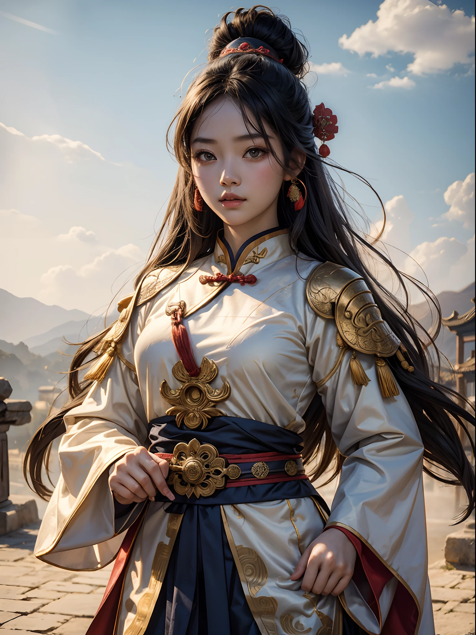 A girl, Ancient Chinese costume, Whole body, sunshine, clear face, Clean White Background, Masterpiece, super detaill, epic composition, Ultra HD, hiquality, Extremely detailed, official arts, Uniform 8k Wallpaper, super detaill, 12)