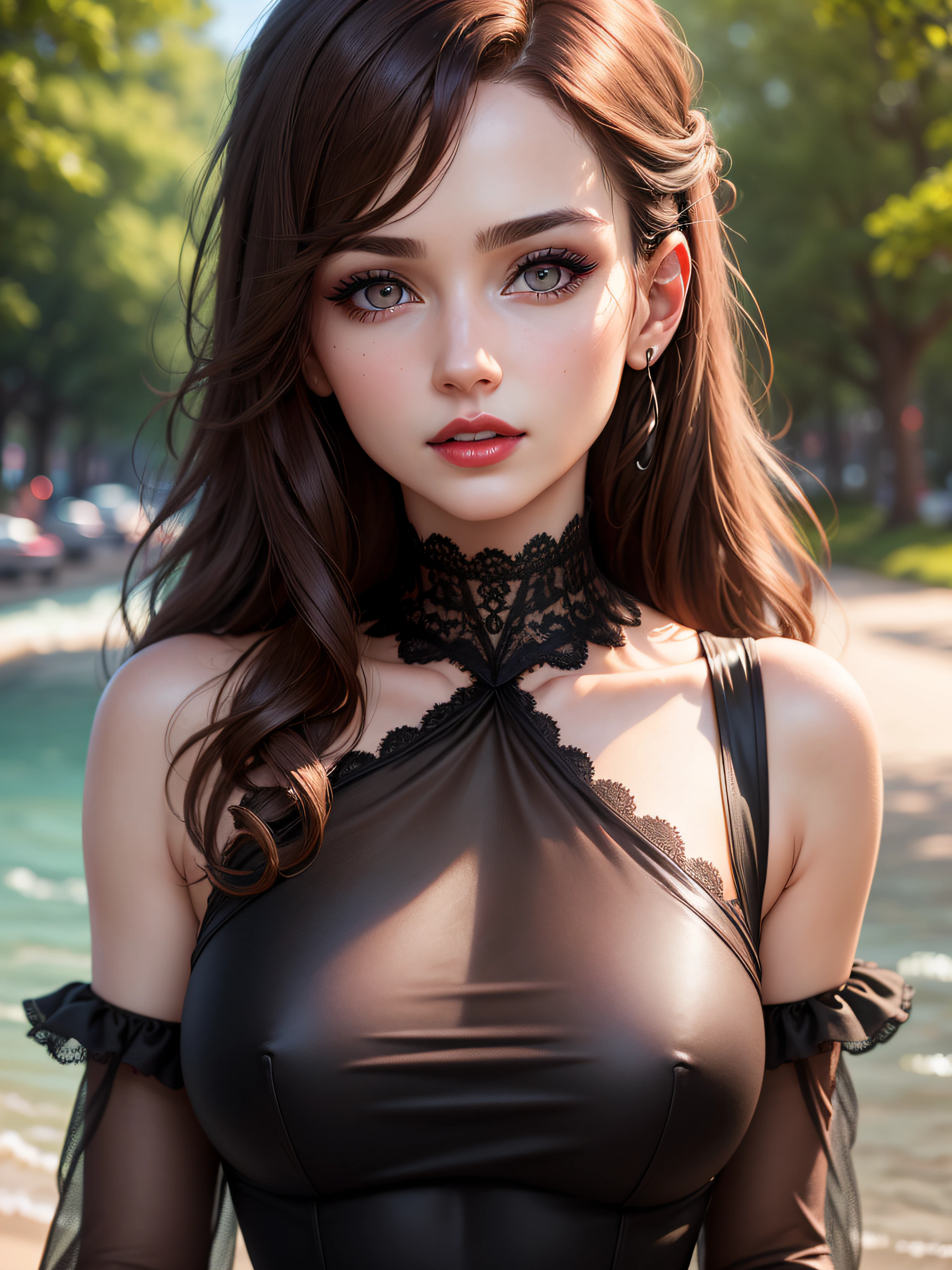 best quality, 8k, ultra realistic, ultra detailed, hyperdetailed photography, real photo, realistic eyes, brown hair, red lip gloss, detailed hair, black dress with bare shoulders, photo r3al, delicate makeup, outdoors, detailed face, mischief, 25 years old,