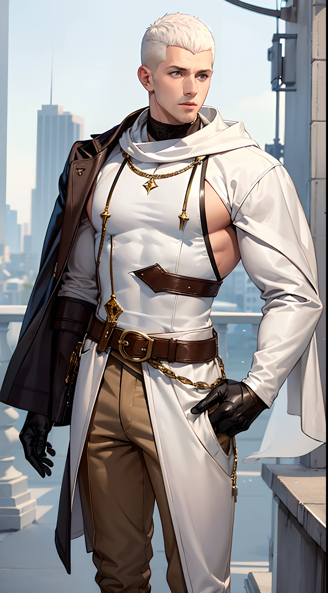 Handsome man , White hair , very Short hair, ((crew cut hair style:1 )) , Blue eyes , light skin , ((muscular:1)),masculine ,age 28 ,
Wearing a white hoodie , gold trim , a brown leather shawl , gray baggy pants , black and brown belts , black boots , brown gloves , lots of belts