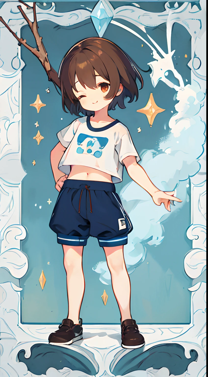 Under the legend，Frisk，teens girl，sexy for，Blue crop top top，brown shorts，stocklings，Small brown shoes，Full body standing painting，Enchanting pose，with short brown hair，Seductive smiles，Stick out your tongue，the shy，boobgasm，With his eyes closed，mannequin