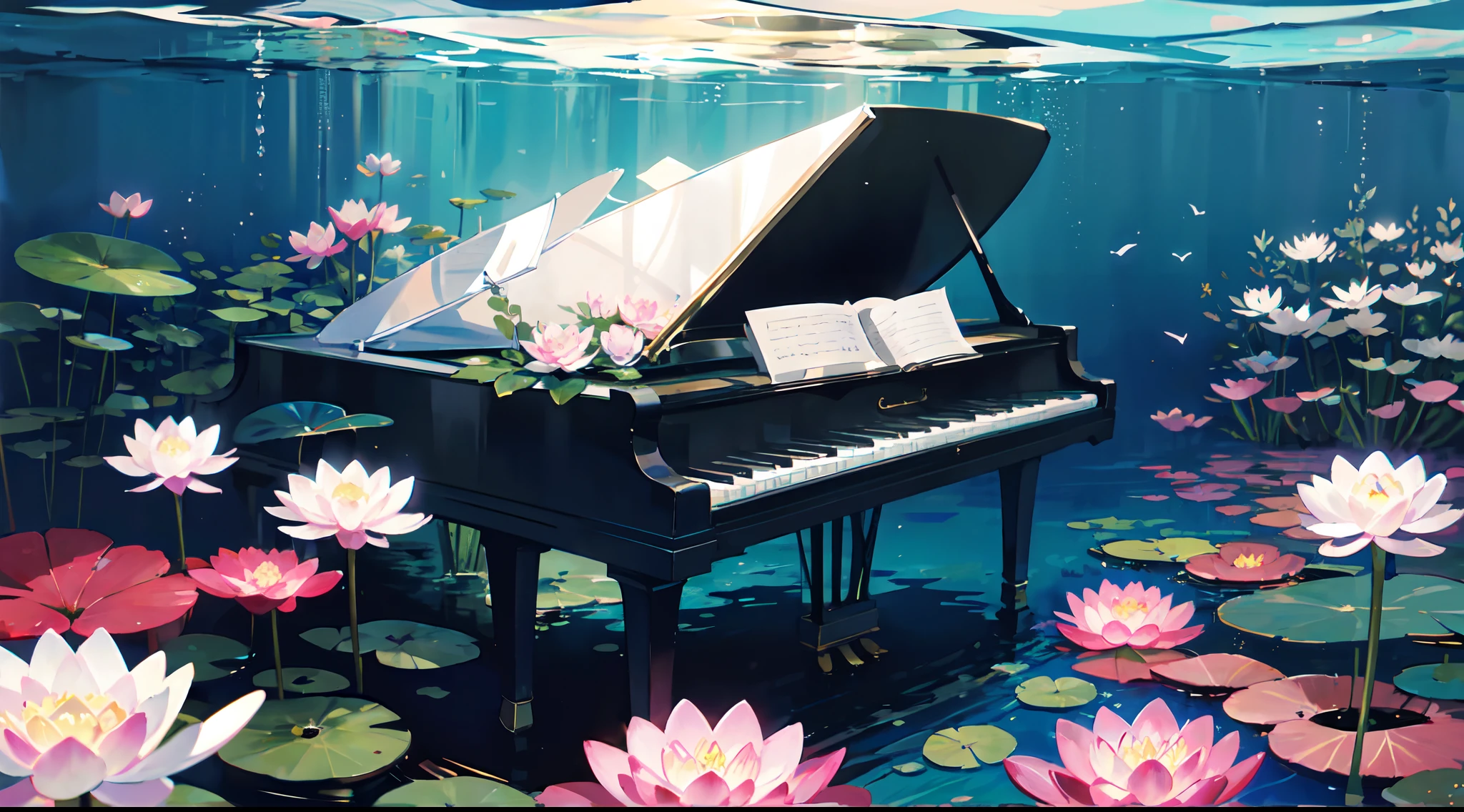(((masterpiece))), ((best quality)), detailed, professional lighting, (((Ultra Detailed))),absurdres,(((incredibly absurdres))),under the sea,(no humans),crystal piano,water lily flower, lily pad, lotus