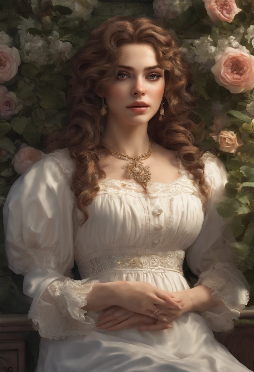 jovem mulher 25 anos de idade, Pregnant woman, mulher com a barriga de 9 meses de gravidez, barriga de gravidez aparente detalhado ((barriga de gavidez grande detalhado)) Woman with hands on belly, usando vestido longo, Detailed British Victorian dress, pele rude, ((sunny victorian mansion garden background)), cabelo cumprido cacheado, mulher de cabelos escuros, cor de cabelo preto, detalhados olhos pretos, olhos escuros perfeitos em forma de felino, perfect sensual and full lips, mulher de beleza angelical e delicada corpo inteiro, mulher de corpo inteiro na imagem ((mulher de corpo inteiro)), cobrir, pintura hiperdetalhada, Luminismo, bar lighting, Complexo, 4k resolution concept art portrait by Greg Rutkowski, Artgerm, WLOP, Alphonse Mucha: uma fotografia realista impressionante.