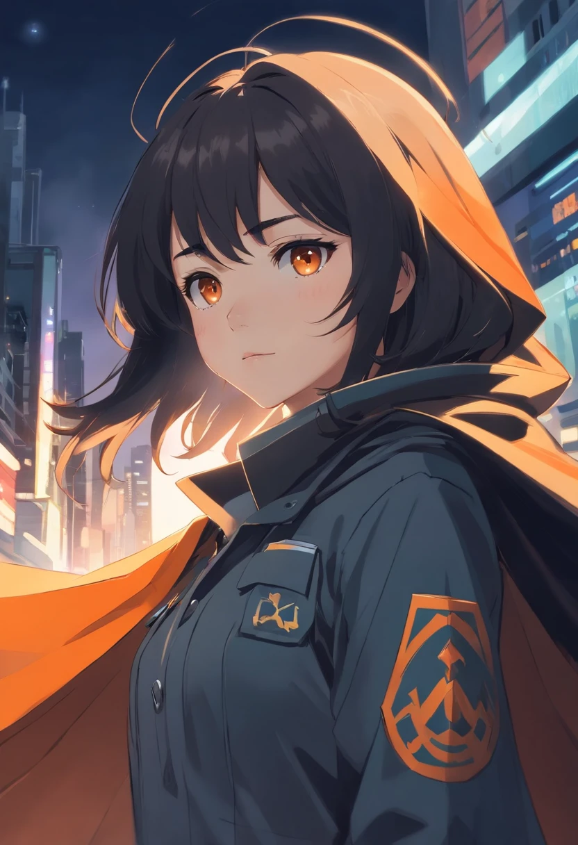 long black-haired white 17-year-old girl wear military suit, orange cape, big hazel eyes, sci-fi, dark mood, charturnerv2