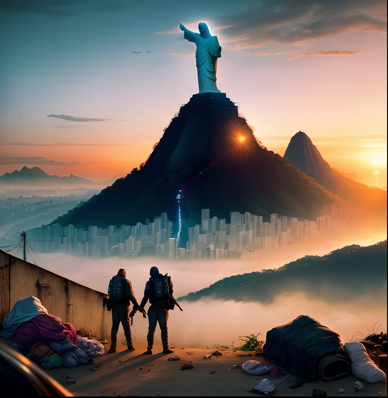 Armed criminals in a favela in the gundo and Christ the Redeemer with open arms in Rio de Janeiro, Post-apocalyptic scenario with nature dominating everything , com atmosfera de filme , Ultra realista