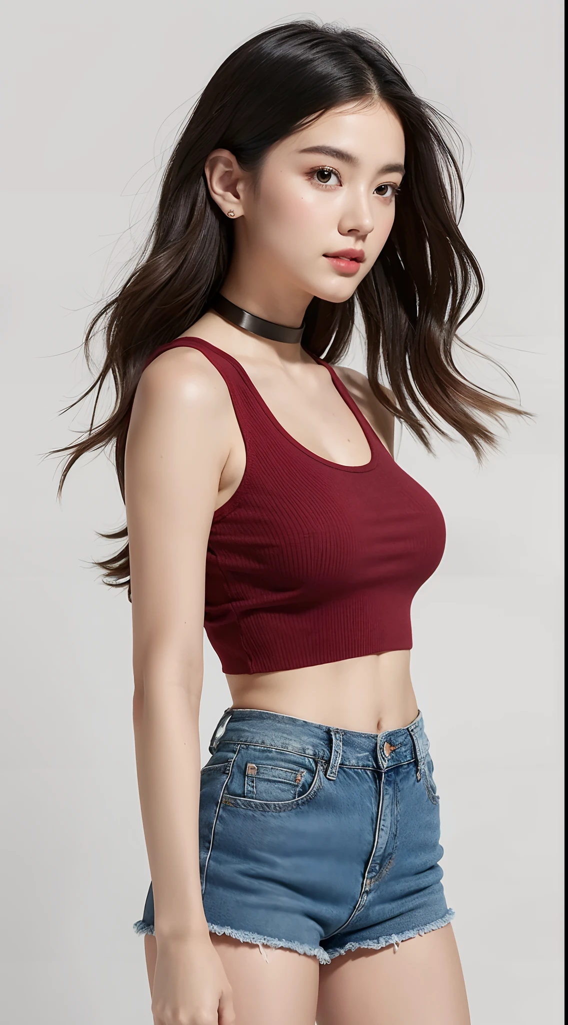 （（mideum breasts、tomgirl、Head））、（the perfect body：1.1）、（short wavy hair：1.2）、reddish brown、collars、chain、Crowded city、Black tank top、Denim Tight Shorts、（Very elaborate CG 8K wallpapers）、（extremely delicate and beautiful）、（​masterpiece）、（top-quality）:1.0)、(超A high resolution:1.0)、beautiful  lighting、realistic shadow、[hight resolution]、detailed skins、ultra-detailliert ((colourfull))、long legged、thick thight、White and red sneakers、The whole body is shown、The whole body is shown