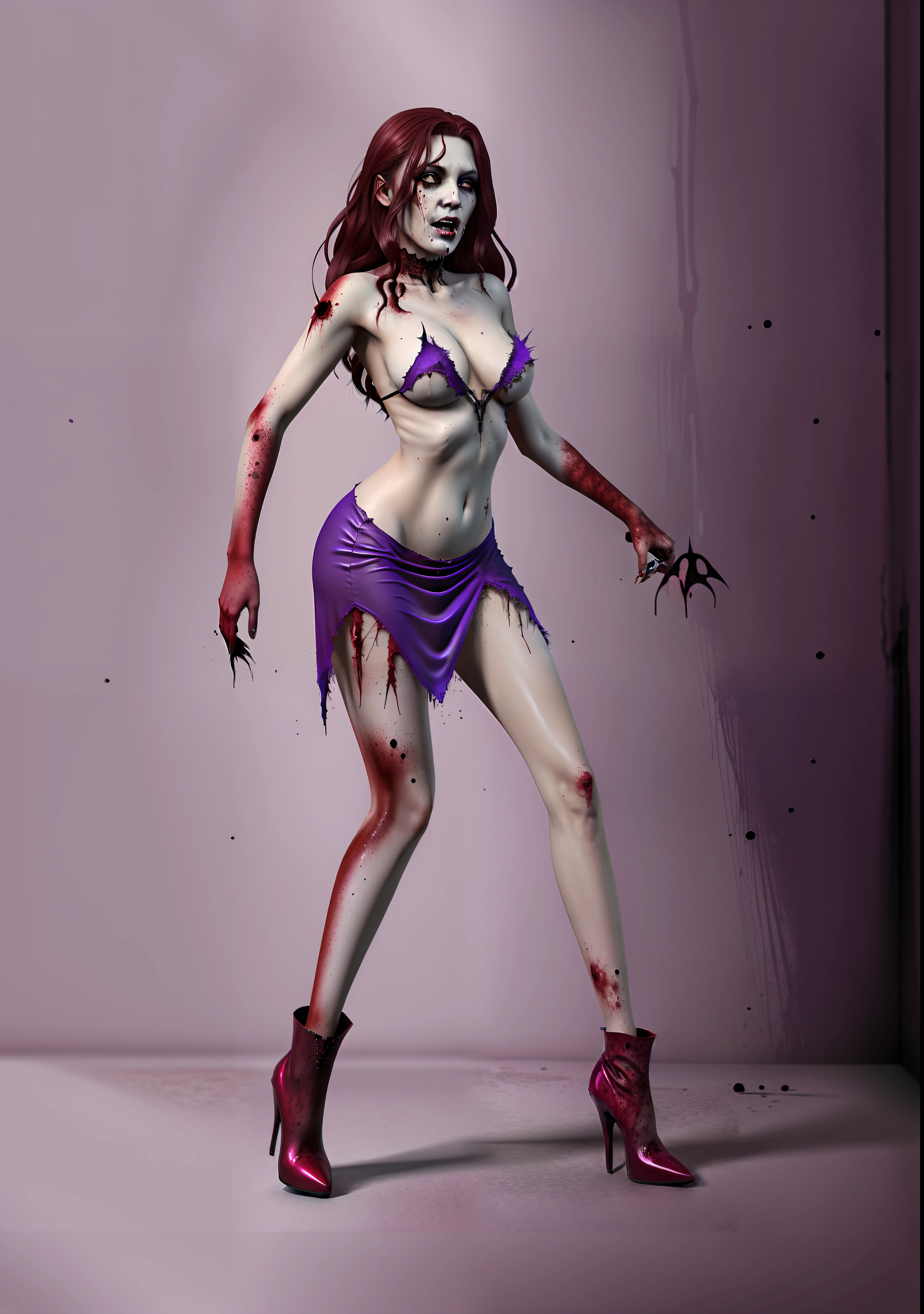 One wearing a purple dress,Bloody witch succubus close-up,Big chest,Extra-long nails,heavy makeups,Slightly chubby body sexy, beautiful zombie, zombie in horror concept art, zombified, Unforgettable beautiful zombies, female humanoid creature, horror concept art, + concept-art, monstergirl, full body concept, zombie, sinister pose, a woman vampire, detailed full-body concept, Undead. Highly detailed