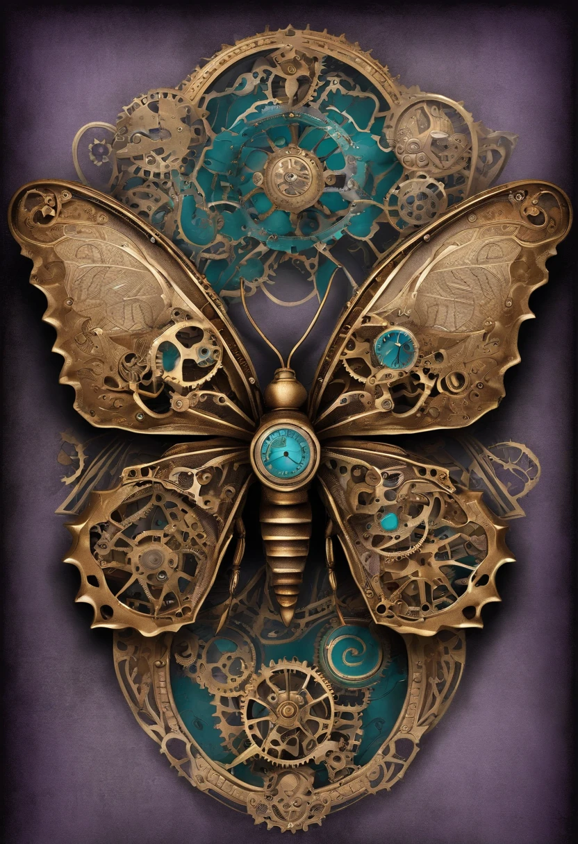 Butterfly, gold, turquoise, lavender , silver, insect, mechanical wings,gears, high def , single butterfly, colorful , no background,