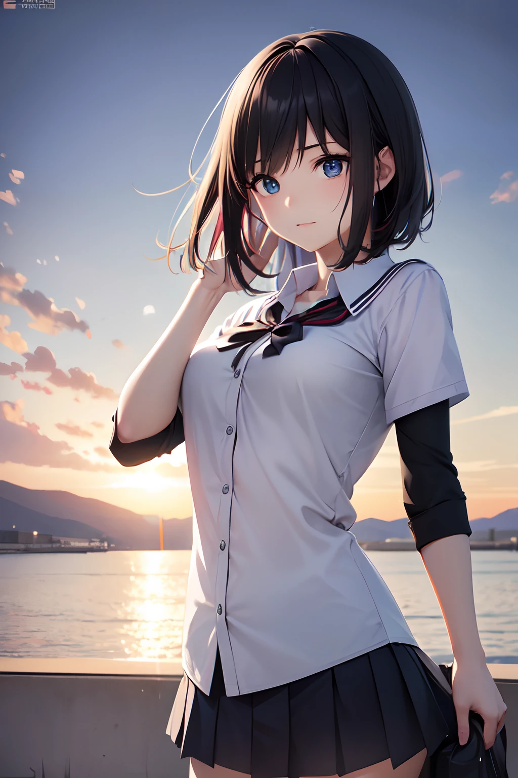 Anime girl on space station looking out the window, macross delta, portrait anime space cadet girl, from the azur lane videogame, macross frontier, style of macross, Official Character Art, Female protagonist 👀 :8, macross, macross franchise, akasuki voidstar, Official art, 8 k character details, (masutepiece:1.3), (Best Quality:1.3), High resolution, overlook view, Couboy Shot, Leaning forward, body facing forward, (One Cute Girl:1.3), Solo, White skin, tiny chest, eight-headed person, Light blue hair, (bobhair:1.2), (Short hair:1.1), Beautiful hair, Blue eyes, Beautiful detailed eyes, blush, Open mouth, School uniform, Blue Check Skirt, Outdoors, Beautifully detailed sky, Shadow lighting, Best Quality, masutepiece, Solo, high_res, 1 beautiful woman 20 years younger, Perfect body, Center, Hair decoration, Pretty Face, Light makeup, Tindall Effect, photos realistic, Dark Studio, Daylight, Clear, offshore, Beautiful, Hawaiian Island Scene, clear blue sea, Wet body, (High Detail Skin: 1.2), 8K UHD, Digital SLR, studio lights, High quality , Photo, High resolution, 8K, Bokeh.