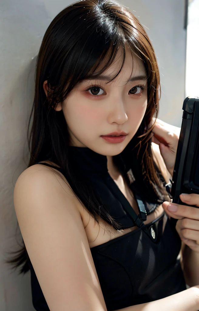 (Best-quality, Masterpiece, Ultra-High-Resolution, (Photorealistic:1.4), Raw Photo, depth of field, professional lighting, perfect anatomy, extremely details), in living room, 1girl, 15-years-old, the most famous Japanese idol and the most famous assassin, Gun ready to fire, Serious expression, Gun pointed at viewer, ((extremely cute realistic-face like the most popular Japanese idol, ((extremely cute and extremely big realistic-eyes)), extremely beautiful and extremely realistic hair)), (((extremely beautiful and extremely realistic skins))), extremely cute and extremely realistic long-eyelashes, extremely cute and extremely realistic lips