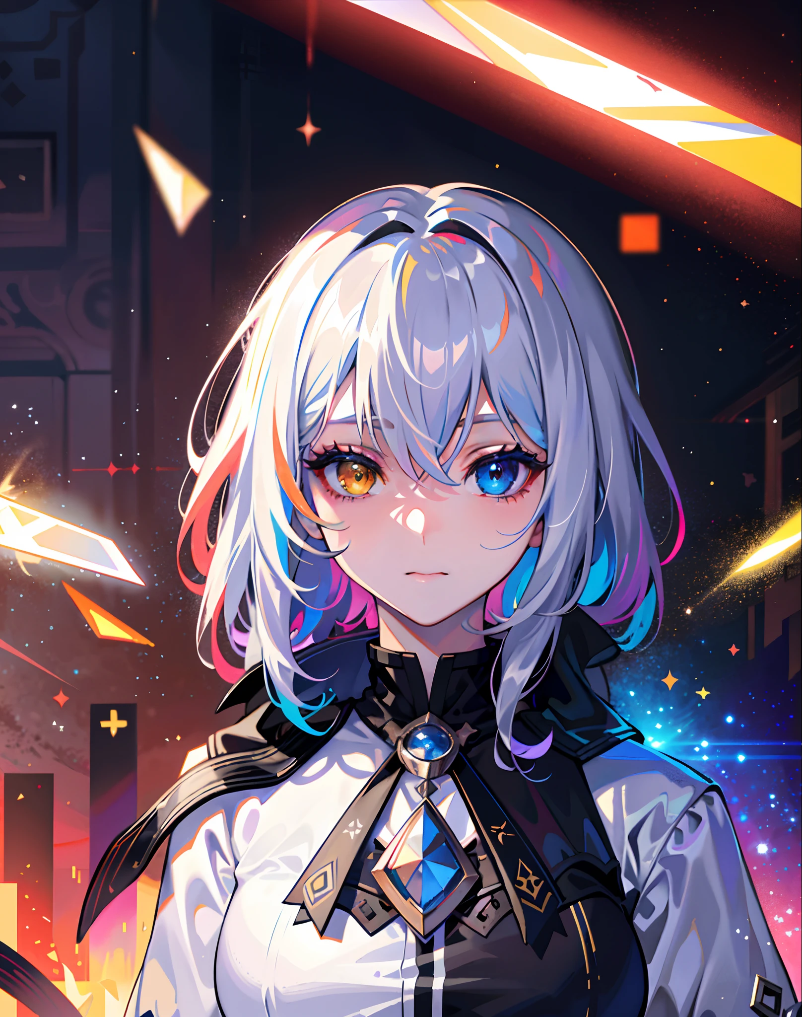 {{masterpiece}}, best quality, extremely detailed CG unity 8k wallpaper, cinematic lighting, lens flare, beautiful detail eyes, black, side glance, multicolor hair, colorful light, particles, heterochromia, (colorful:1.5), (colorful hair:1.5),