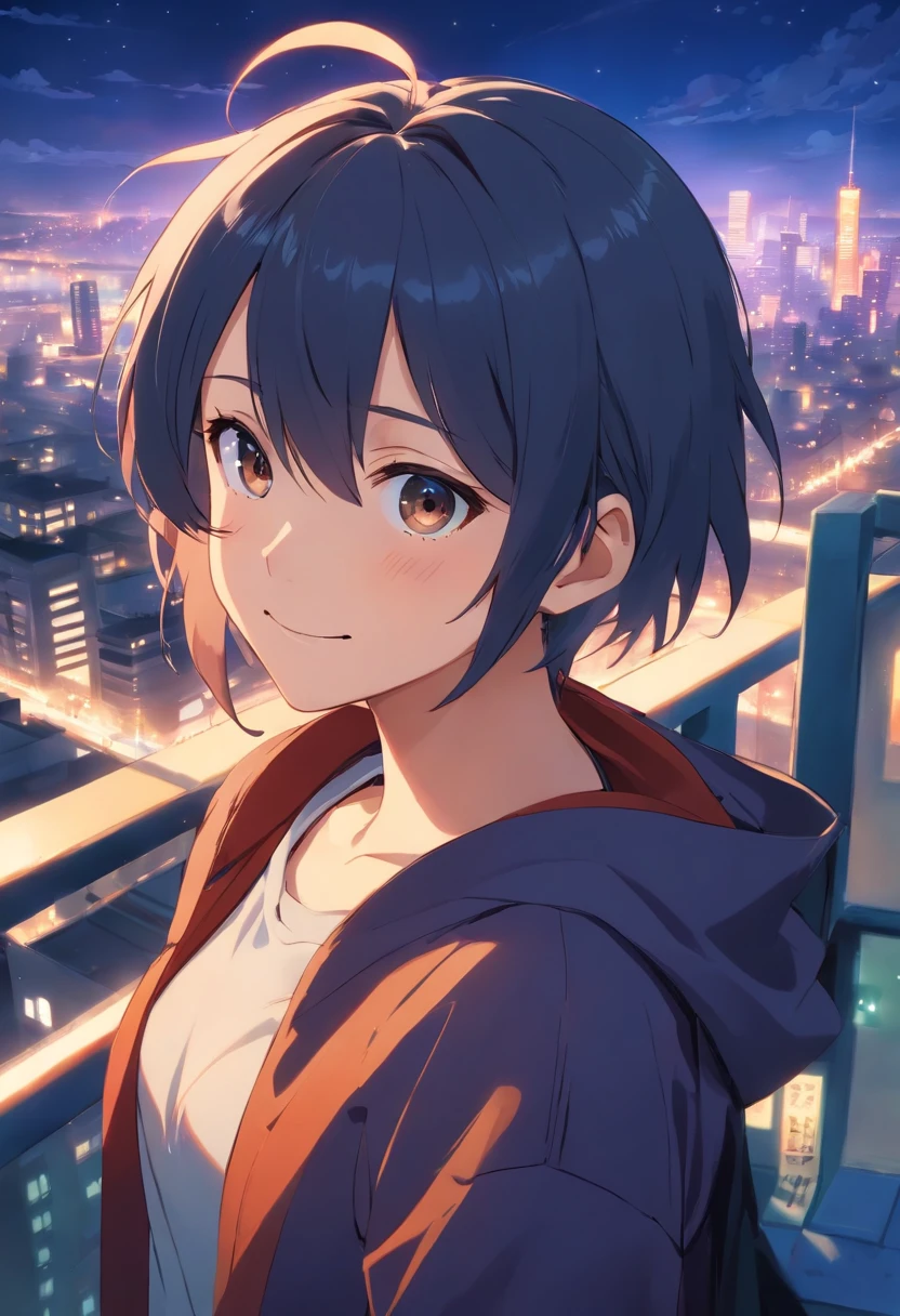 close up shot, blind fold, smiling, standing on the terrace of a building, night, modern city lights, detailed cg city, top, cinematic lighting, lens flares, detailed shading, detailed lighting, best quality, contrast, sharp, masterpiece, illustration, best detail, highest lens flare quality, night sky, distant city fog, volumetric clouds sky, detailed face construction, Gojo satoru, jujutsu kaisen, Satoru_Gojo,
