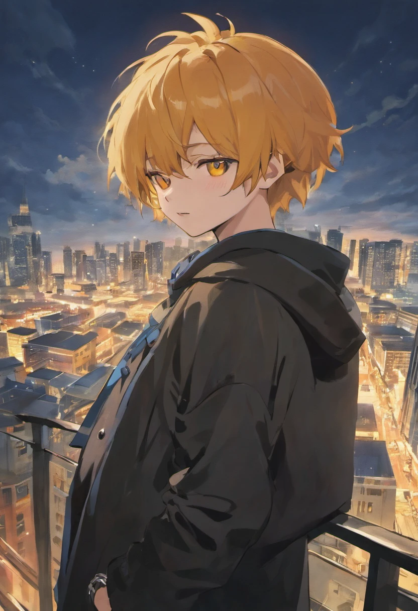 close up shot, blind fold, smiling, standing on the terrace of a building, night, modern city lights, detailed cg city, top, cinematic lighting, lens flares, detailed shading, detailed lighting, best quality, contrast, sharp, masterpiece, illustration, best detail, highest lens flare quality, night sky, distant city fog, volumetric clouds sky, detailed face construction, Gojo satoru, jujutsu kaisen, Satoru_Gojo,