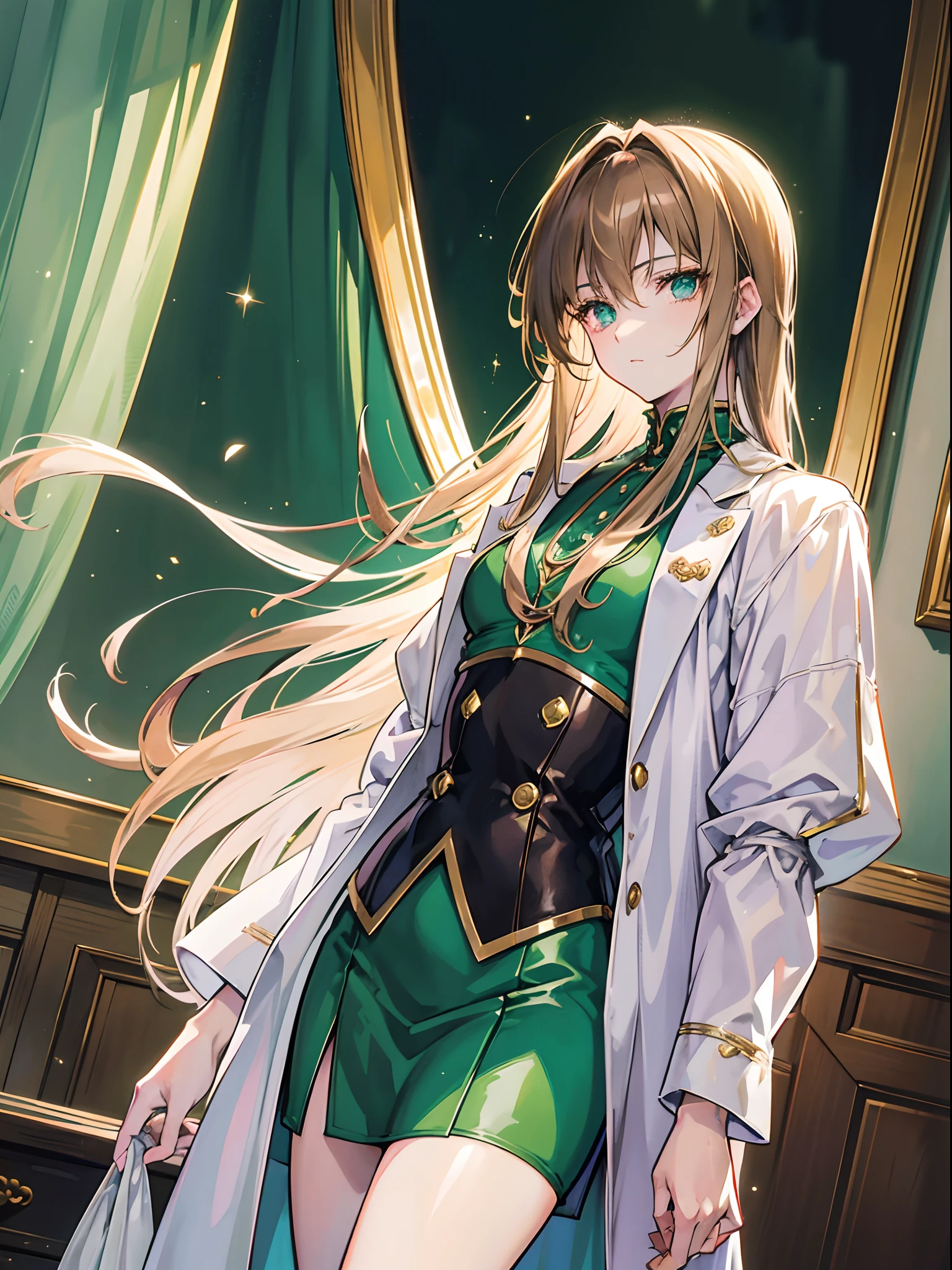 1 beautiful, attractive anime male in a eerie antique setting, with light brown hair and lively green sparkling eyes and a pale skin tone, eroge, 80's anime still, 1980' anime style, sharp light, golden hour light, the art of Nobuteru Yuki from record of lodoss war or the vision of Escaflowne style