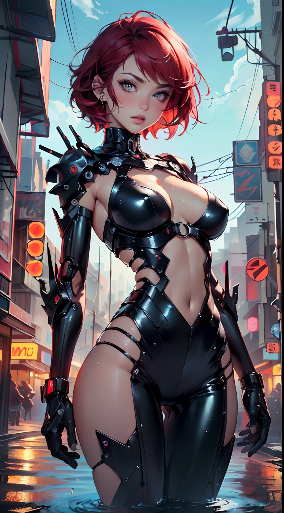 cyborg girl,(((1girl))),((cyborg girl with extremely cute and beautiful red hair)),
(huge breasts:1.4),saggy breasts,(((red short hair:1.35,absurdly short unkempt hair,colored inner hair,ear breathing,short hair))),((heterochromia:1.5, (red_eye and pink_white))),intricate eyes,beautiful detailed eyes,symmetrical eyes,((fat)),(((lustrous skin:1.5,bright skin: 1.5,skin tanned,shiny skin,very shiny skin,shiny body,plastic glitter skin,exaggerated shiny skin,illuminated skin,wet legs))),(spider lower abdomen,narrow waist,wide hip,athletic body,inflated legs,detailed body,(detailed face)),
cute,slutty,seductive,erotic,(nsfw),
((1 mechanical girl)),(one of his bionic eyes:1.4,machine-made joints: 1.4), ((mechanical limbs)), ( blood vessels attached to the tube), ((mechanical spine attached to the back, close-up)), ((mechanical cervical vertebrae attached to the neck), ((mechanical parts)),(mechanical spine, mechanization, future, wide hips),(wires and cables attached to the head and body: 1.5),(show skin:1.3),((wet clothes,intricate outfit,intricate clothes)),
(dynamic pose:1.0),solo focus,embarrassed,(centered,scale to fit dimensions,Rule of thirds),
cyberpunk city by the ocean at night, with bright neon signs and dark stormy clouds and puddles, scenery:1.25,
artistic photography,(photography taken by sldr),highres, sharp focus, (ultra detailed, extremely detailed), (photorealistic artwork:1.37),(extremely detailed CG unity 8k wallpaper),((synthwave background theme)),(((vibrant colors))),(intricate background),(masterpiece),(best quality),