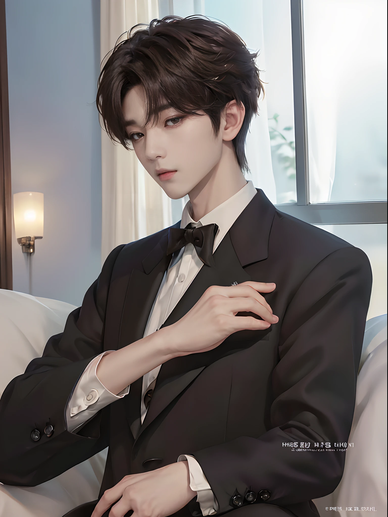 ((4K works))、masterpiece、(top-quality)、((high-level image quality))、((One Manly Boy))、Slim body、((Man in black tuxedo))、(Detailed beautiful eyes)、window、deacon、Face similar to Chaewon in Ruseraphim、((short hair above the ears))、((Smaller face))、((Neutral face))、((Light brown eyes))、((Korean boy))、((18year old))、((Handsome man))、((A charming expression))、((Korean Makeup))、((elongated and sharp eyes))、((Focus zoom out))、((Butler Photos))、Professional Photos、((Magazine covers))、((Shot alone))、((Upper body photography))