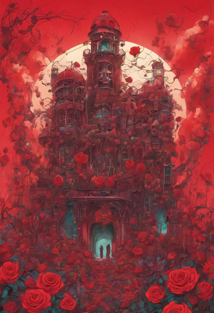 A factory overgrown with roses，Red particles floated in the sky，Tall buildings full of vines，Wasteland wind，Eschatological，Humans in protective clothing