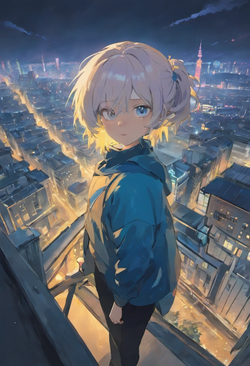 close up shot, blue glowing eyes, white hair, smiling, standing on the terrace of a building, night, modern city lights, detailed cg city, top, cinematic lighting, lens flares, detailed shading, detailed lighting, best quality, contrast, sharp, masterpiece, illustration, best detail, highest lens flare quality, night sky, distant city fog, volumetric clouds sky, detailed face construction, Gojo satoru, jujutsu kaisen, Satoru_Gojo,