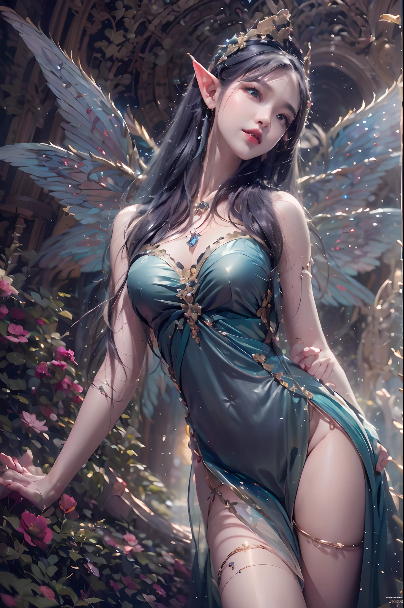 A goddess of love in her small garden, She is surrounded by beautiful flowers, Little angels and fairies accompany her. Su mirada revisa la dulzura, Se viste de forma luminosa y vaporosa. Su cuerpo es esbelto y espectacular. ((pechos grandes)) (cuerpo fitness)