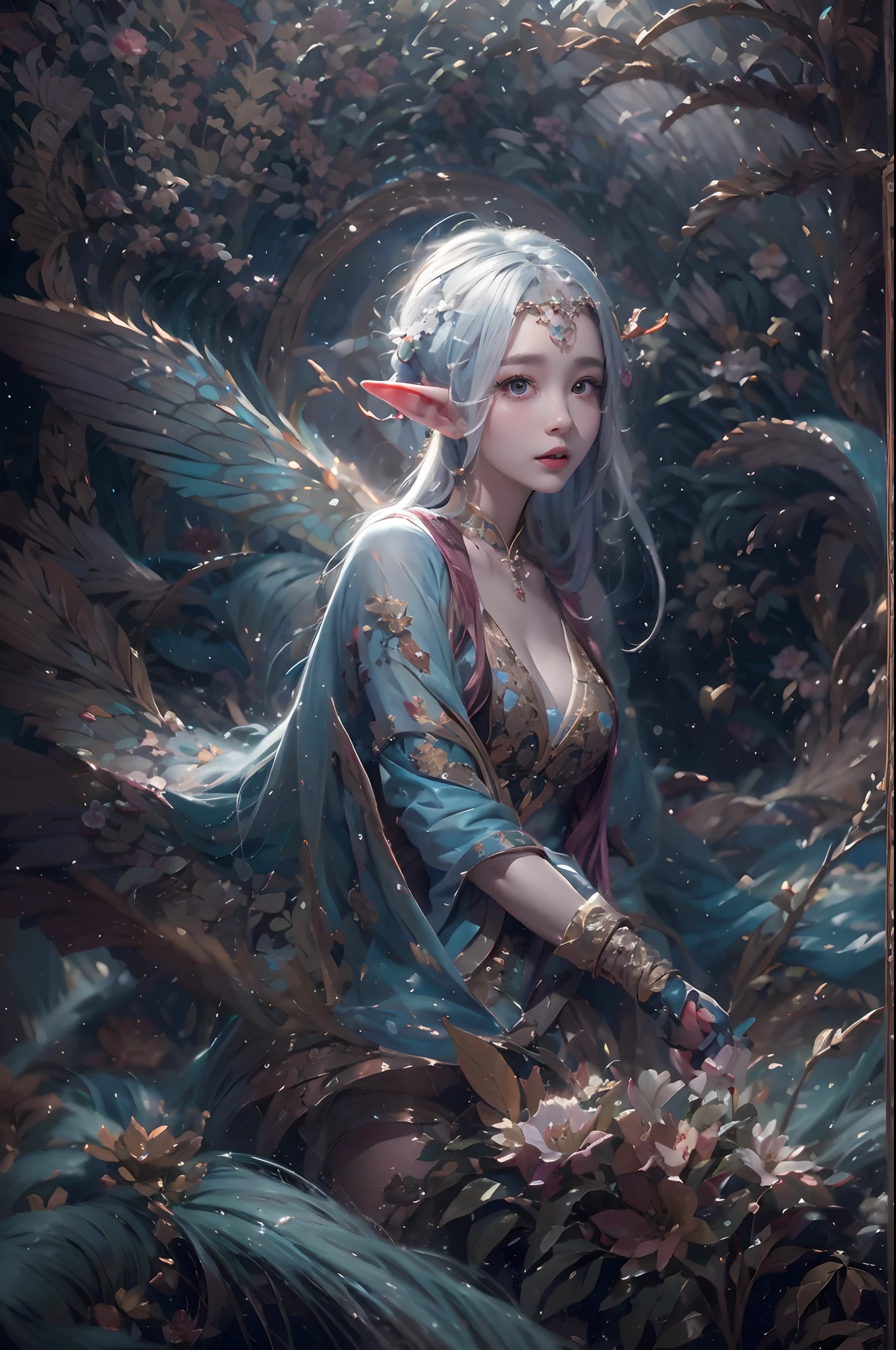 ( Absurd, High quality, Ultra-detailed, Masterpiece, concept-art, smooth, high detail artwork, Hyper-realistic painting ) , elf, Plum elf, plum , Transparent fairy wings, huge tit,low chest,fairytale-like, Romantic, Vivid, Whole body,hand behind back,Malu,largeeyes,(Eye focus),Cosmic eyes,Space eyes,ssmile,In nature with waterfalls,PureErosFace_V1,Urzang-6500-V1 Edition.1,