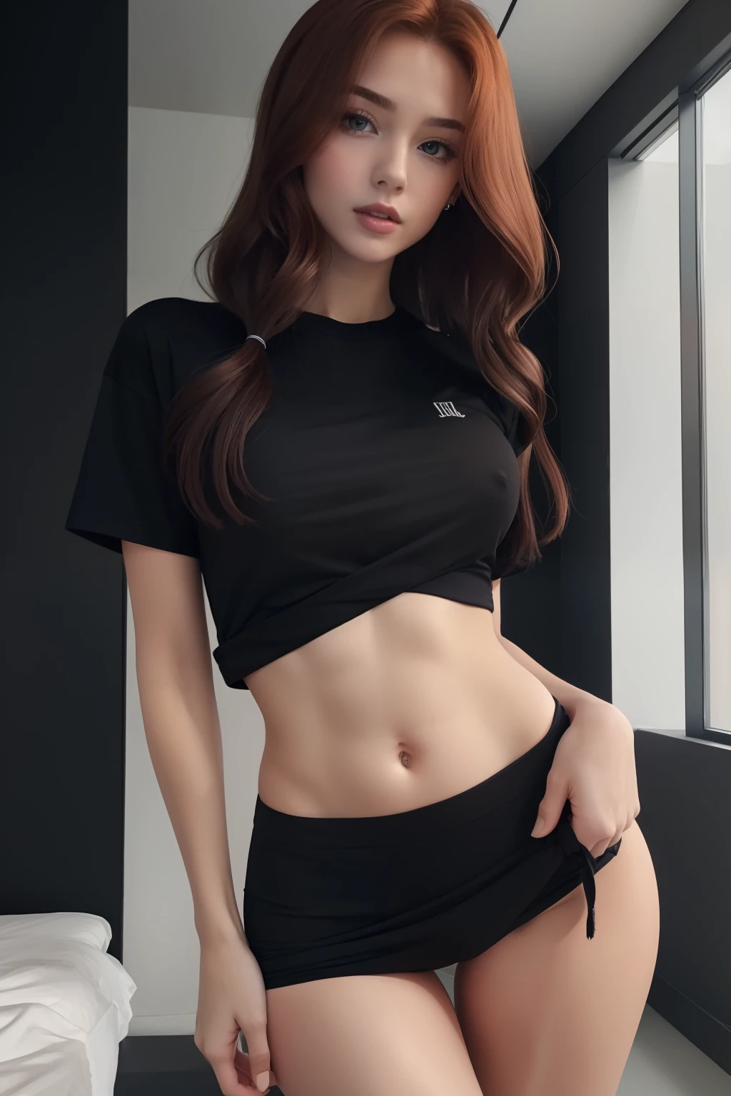 AS-YoungV2, Masterpiece, best quality, hi res, 8k, award winning Protrait, photography, redhead , girl, beautiful face, 15 year old, ginger , petite, cute face, oval jaw, delicate features, beautiful face, lusty lips, blueish eyes, perfect slim body, perfect slim waist, big tits, sensual look, PERFECT HANDS, THIGH GAP, PULL T-SHIRT DOWN, upper half body, tits, seductive, alluring, enticing, sexually provocative , black panties , black shirt, shirt tug, naked shirt,