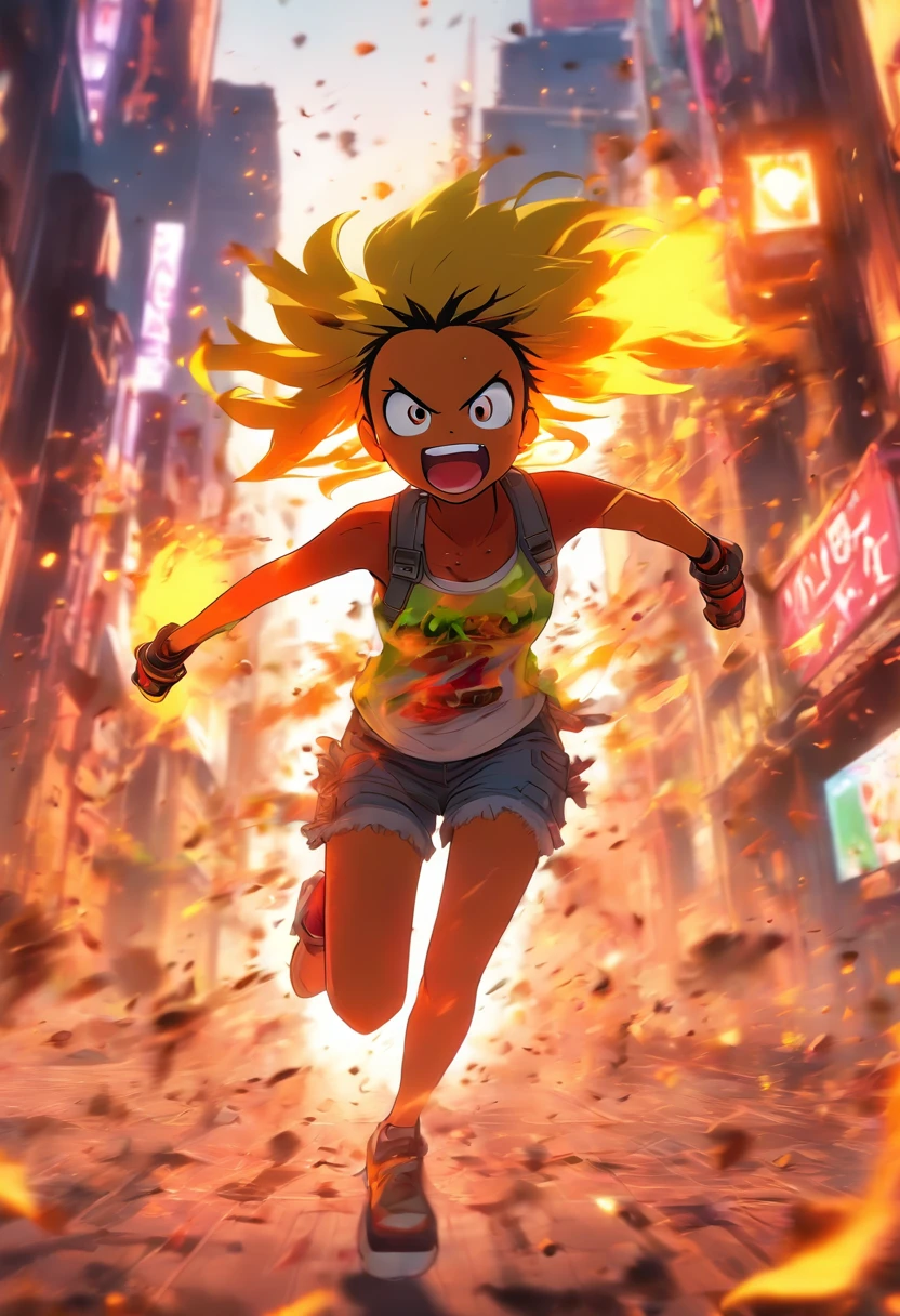 Chica corriendo asustada, hordas de zombis en ciudad devastada,Explosiones,resplandor,