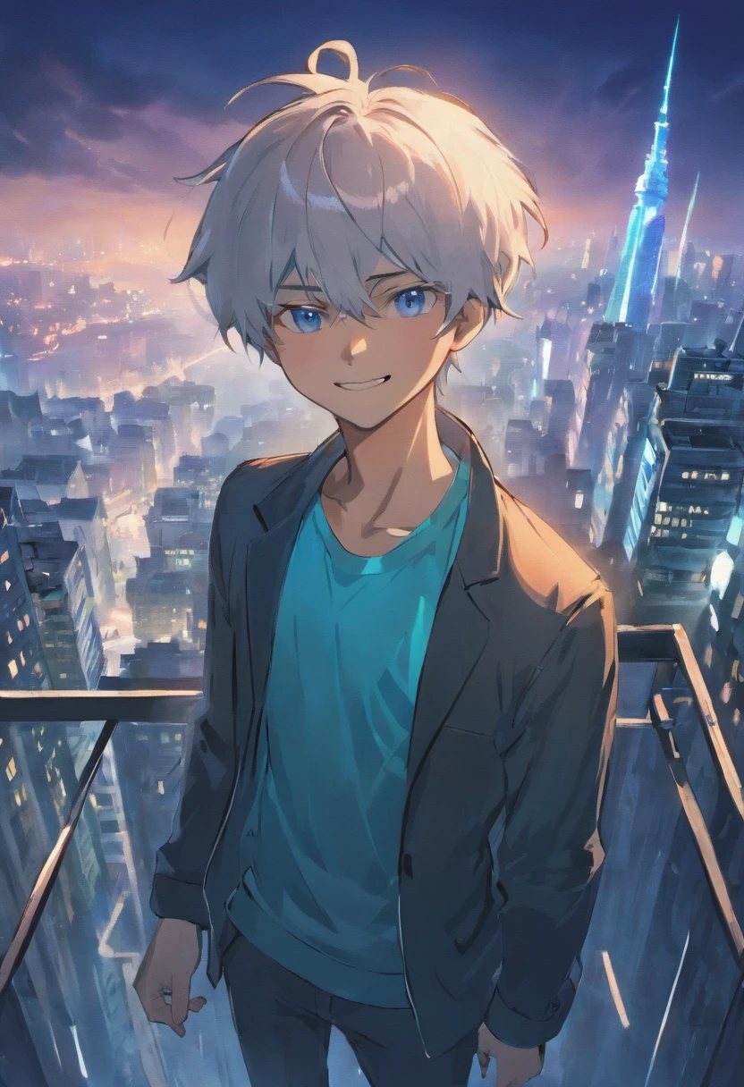 A man, smiling, close up shot, blue glowing eyes, white hair, smiling, standing on the terrace of a building, night, modern city lights, detailed cg city, top, cinematic lighting, lens flares, detailed shading, detailed lighting, best quality, contrast, sharp, masterpiece, illustration, best detail, highest lens flare quality, night sky, distant city fog, volumetric clouds sky, detailed face construction, Gojo satoru,