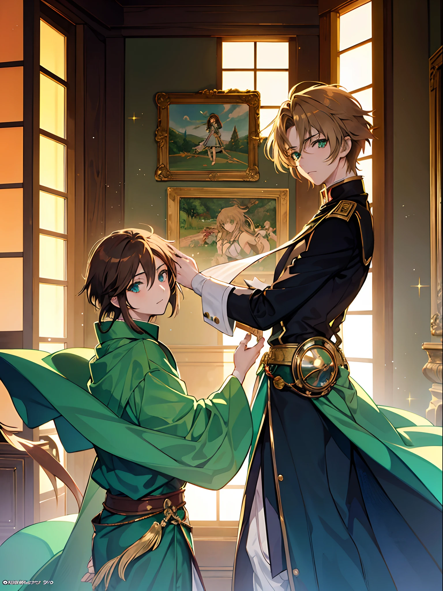 1 beautiful, attractive anime male in a eerie antique setting, with light brown hair and lively green sparkling eyes and a pale skin tone, eroge, 80's anime still, 1980' anime style, sharp light, golden hour light, the art of Nobuteru Yuki from record of lodoss war or the vision of Escaflowne style