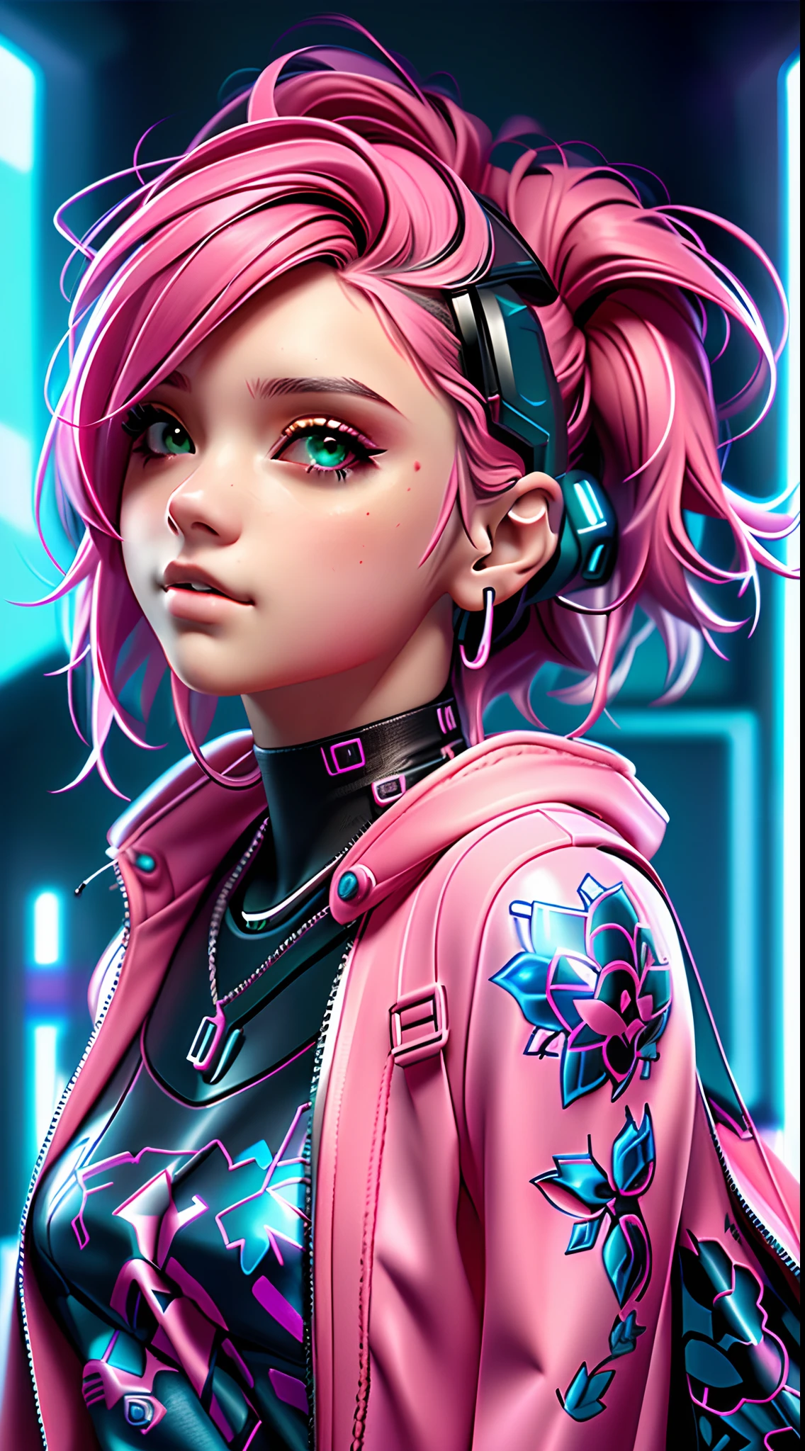 Menina com cabelo rosa e tatuagens no rosto, estilo cyberpunk hiper-realista, menina cyberpunk sonhadora, estilo cyberpunk ， hiper-realista, estilo anime. 8k, arte cyberpunk ultrarrealista 8k, menina bonito com cabelo rosa curto, no estilo cyberpunk, cyberpunk menina bonita, photorealistic anime girl rendering, cara bonita da menina cyberpunk, cor estilo cyberpunk, garota anime cyberpunk