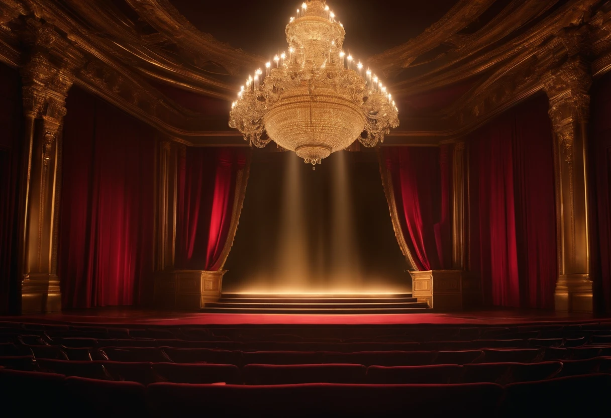 Opera Stage　Glowing background　no human figures　Chandelier luxury　Amount Frame　Long horizontal space