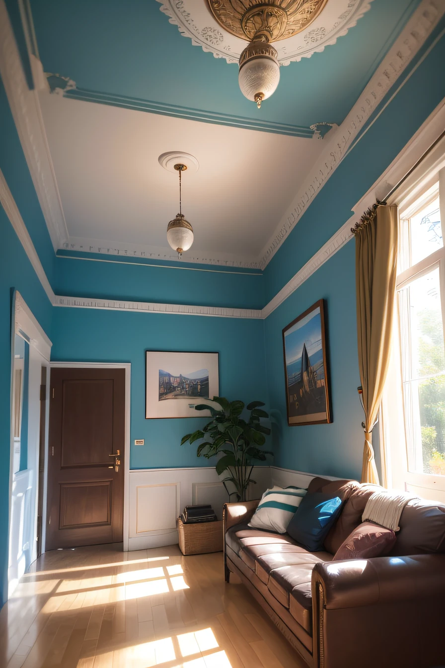 Sala de estar moderna e sofisticada, hiper detalhista, com quadros na parede