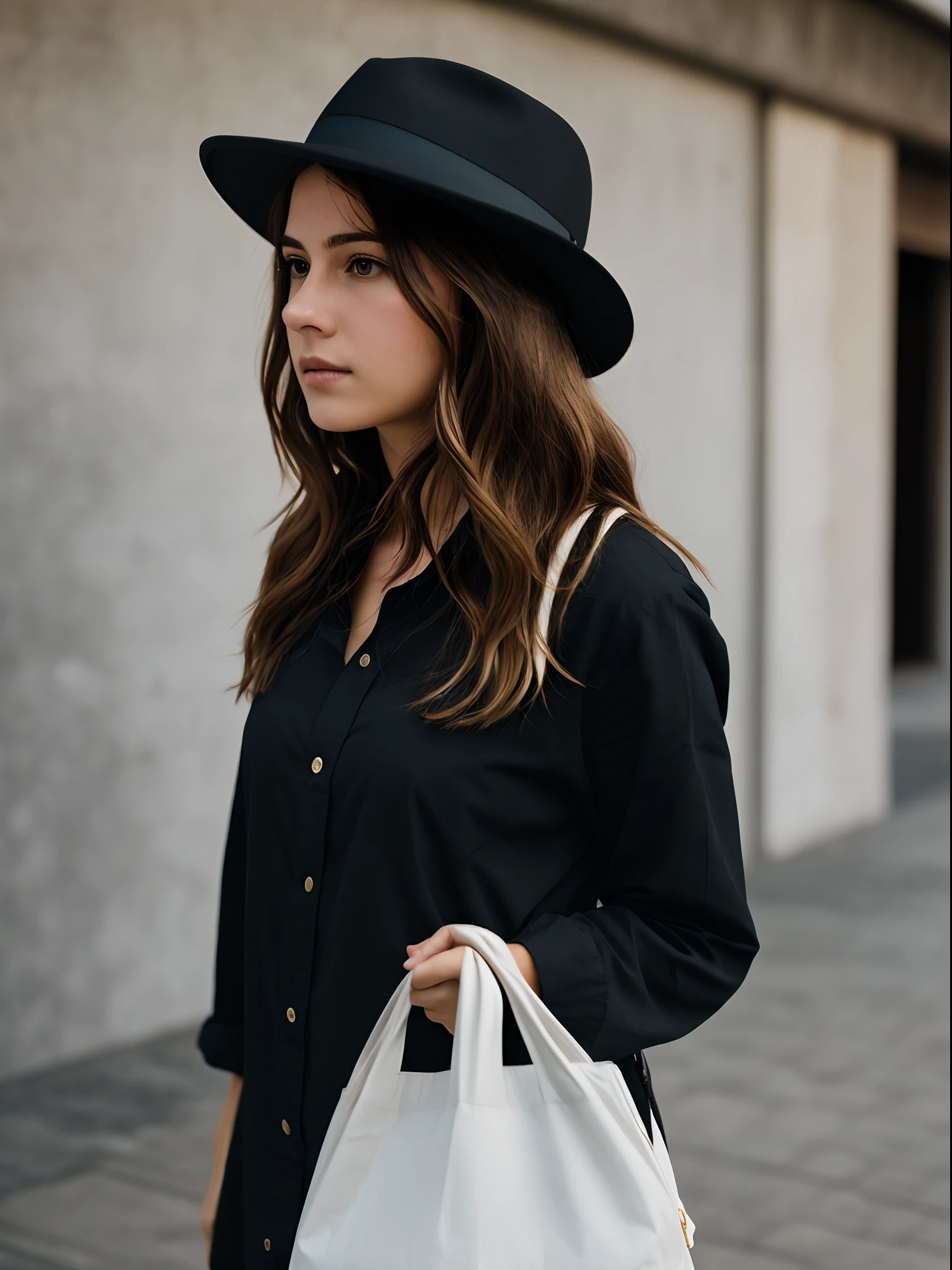 A high-resolution, cinematic, clear-colored image of a girl with blond hair and black eyes, middle-aged, 25 years old, wearing a black men’s hat, standing carrying a small women’s bag.