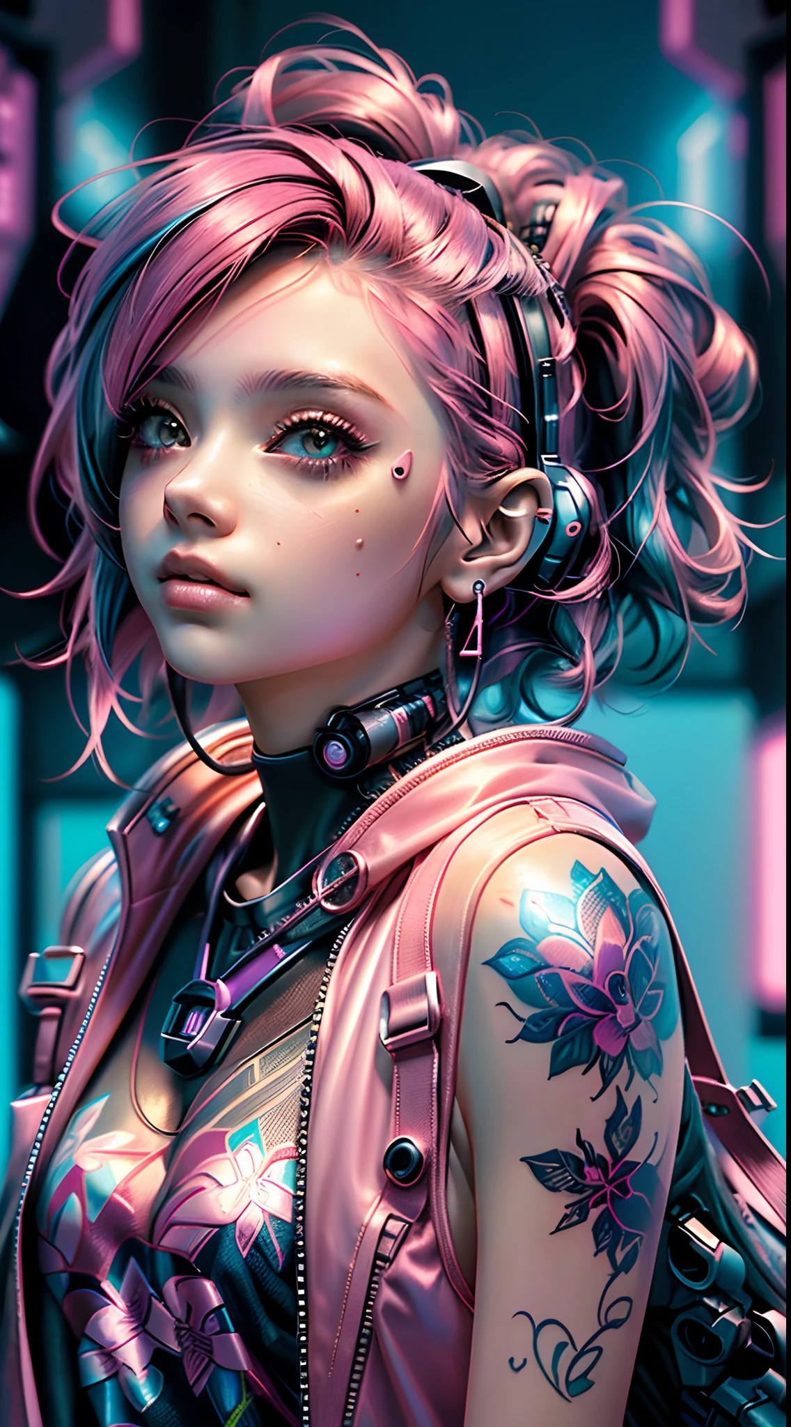 Menina com cabelo rosa e tatuagens no rosto, estilo cyberpunk hiper-realista, menina cyberpunk sonhadora, estilo cyberpunk , hiper-realista, estilo anime. 8k, arte cyberpunk ultrarrealista 8k, menina bonito com cabelo rosa curto, no estilo cyberpunk, cyberpunk menina bonita, photorealistic anime girl rendering, cara bonita da menina cyberpunk, cor estilo cyberpunk, garota anime cyberpunk
