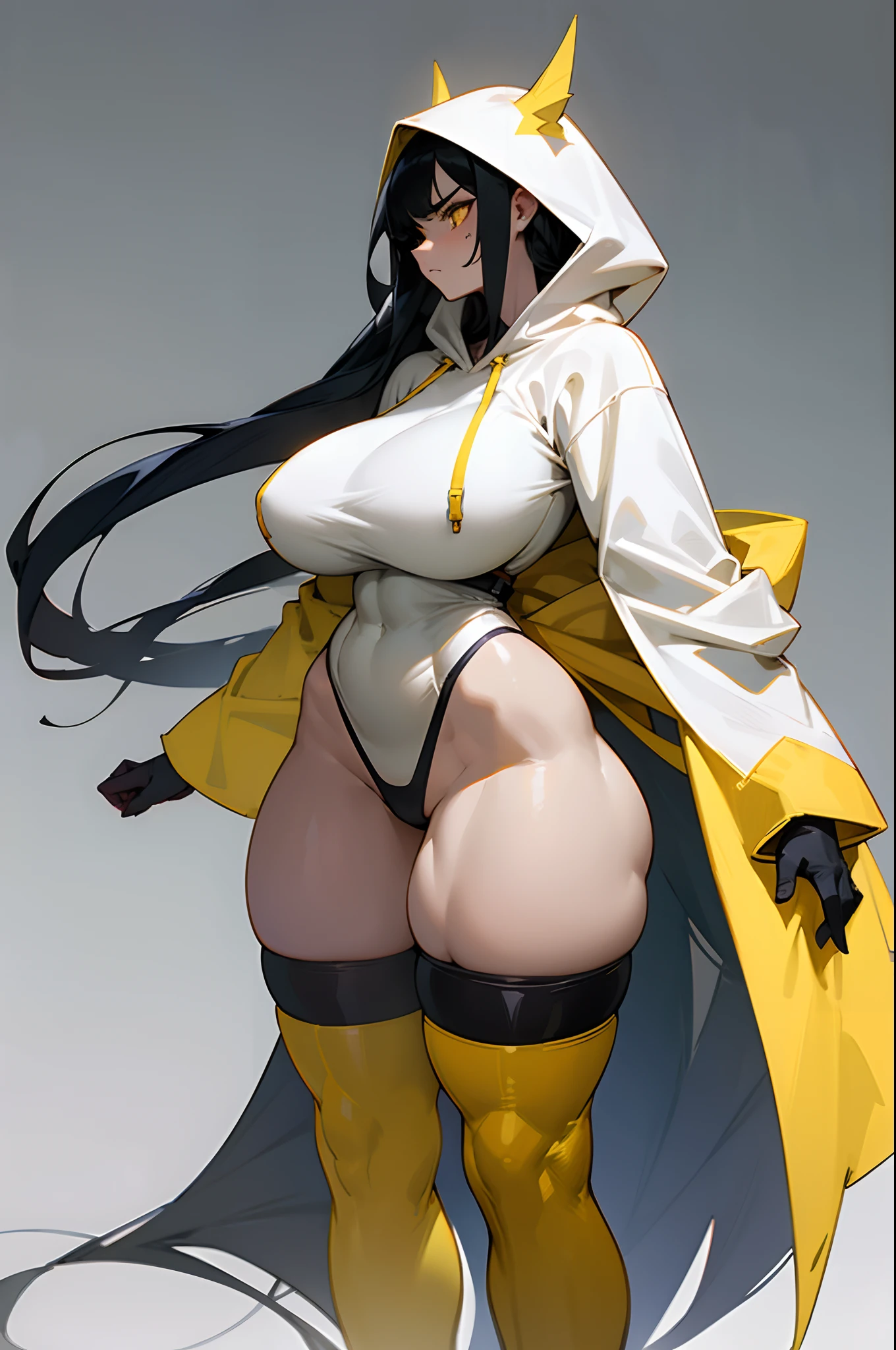 grey background, solo, 1 girl, very long hair, black hair, angry, yellow eyes, muscular, huge tits, thick thighs, wide hips, pale skin, standing, slick hair, curvy, hoodie, thong