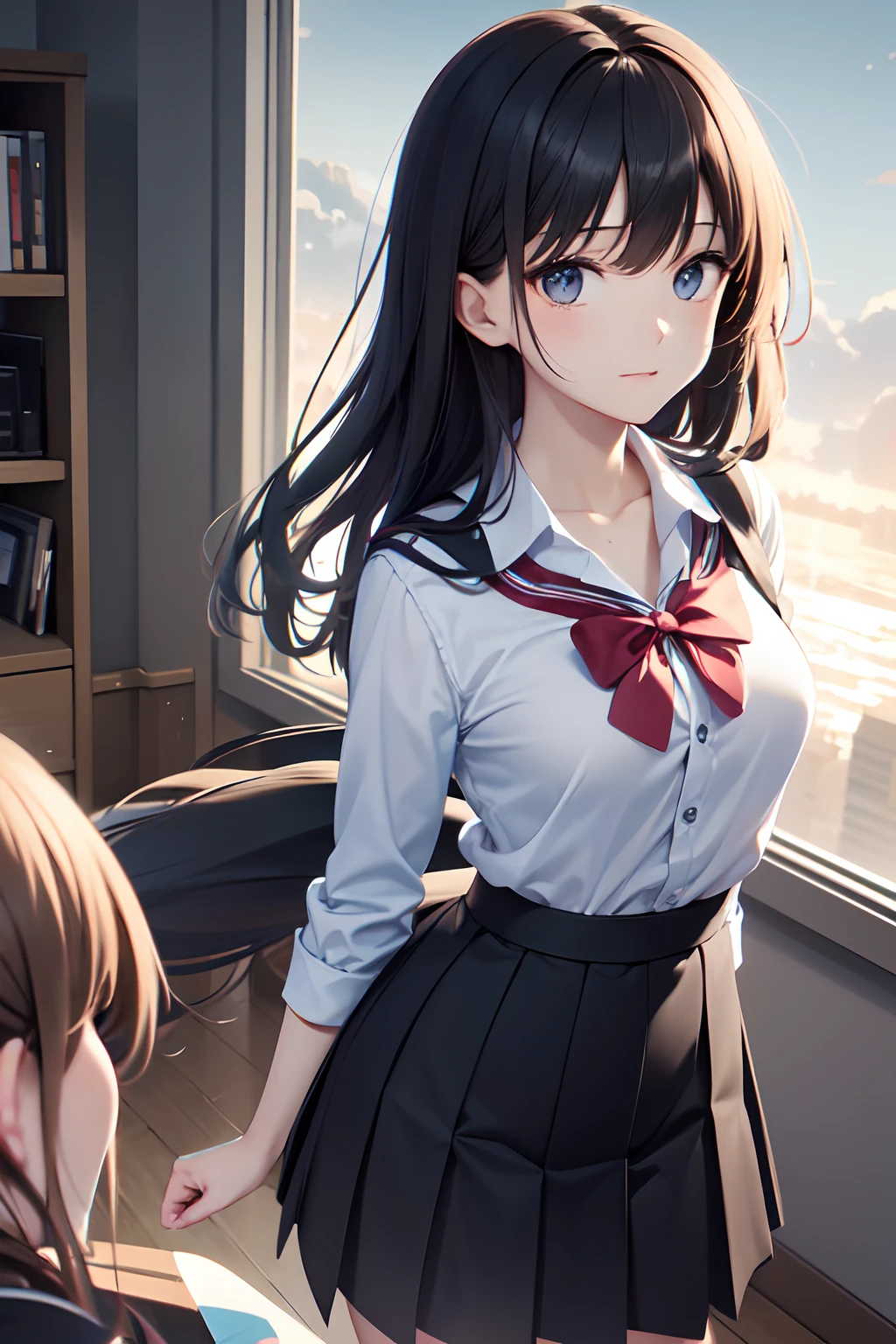a , female, beautiful and cute, solo character, (black single sidelock hair), bright eyes, gradient eyes, school unifrom, breeze blow,(anime style), (cinematic lighting), (ray tracing), ((reflection light)), ((half-body-shot)), atmospheric perspective, masterpiece, accurate, ((best quality)), high quality, super detail, high details, anatomically correct, highRes, 1080p,